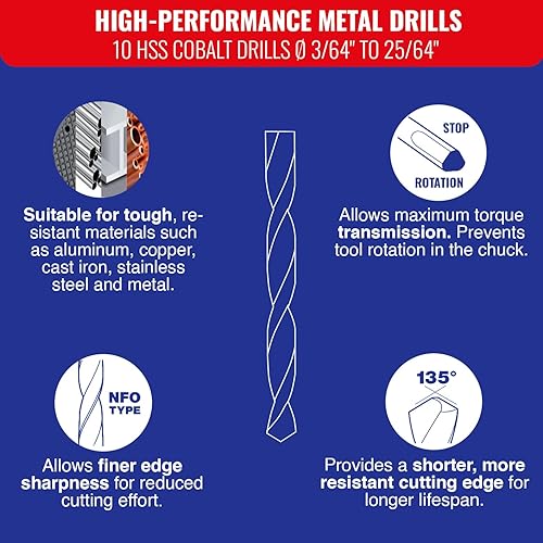 Miniatura 3 de TIVOLY - Juego de brocas metálicas de alto rendimiento - Perforación especial para acero inoxidable y aceros resistentes - 10 taladros de cobalto