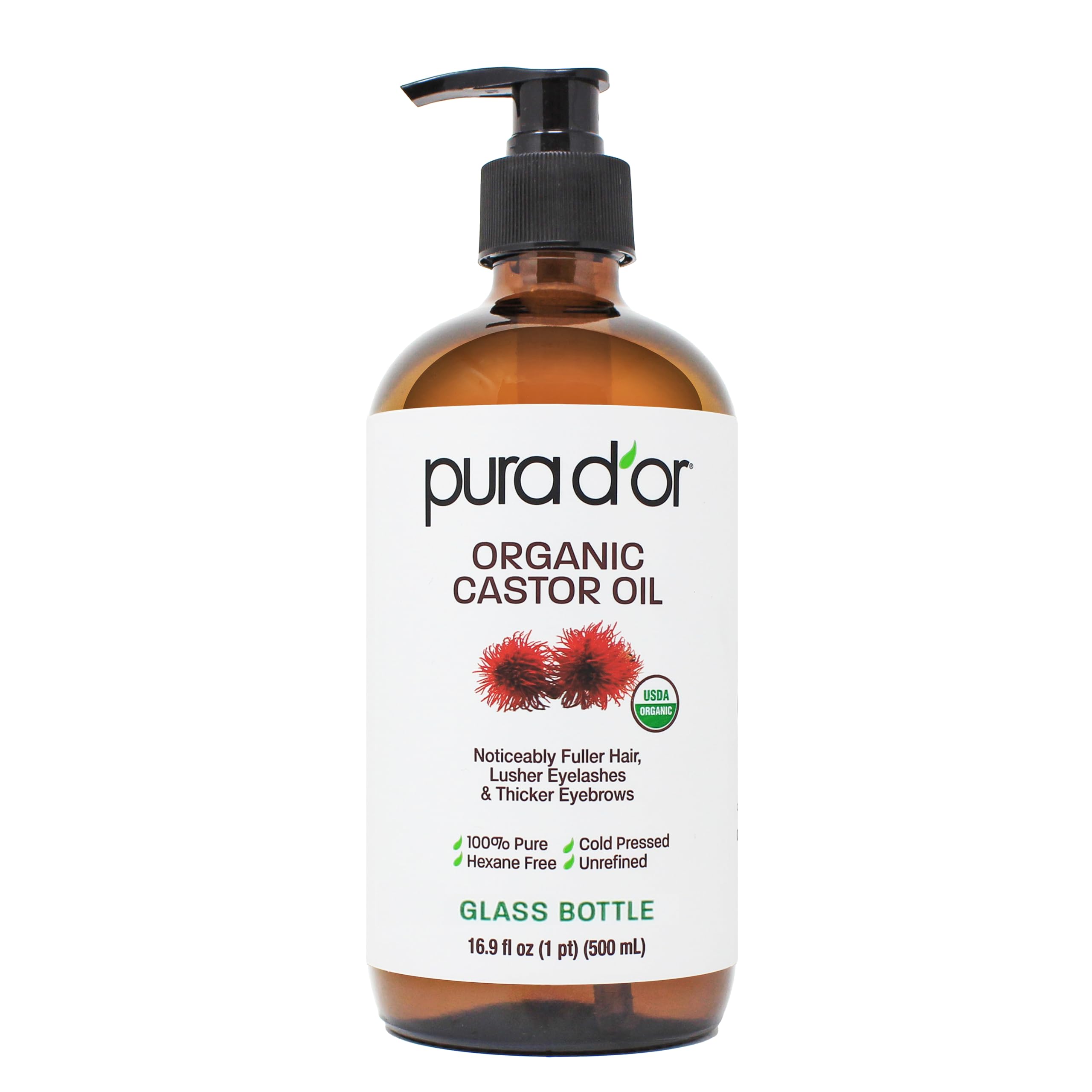 PURA D'OR ORGANIC Castor Oil (GLASS BOTTLE) Pure Cold-Pressed, 16.9oz