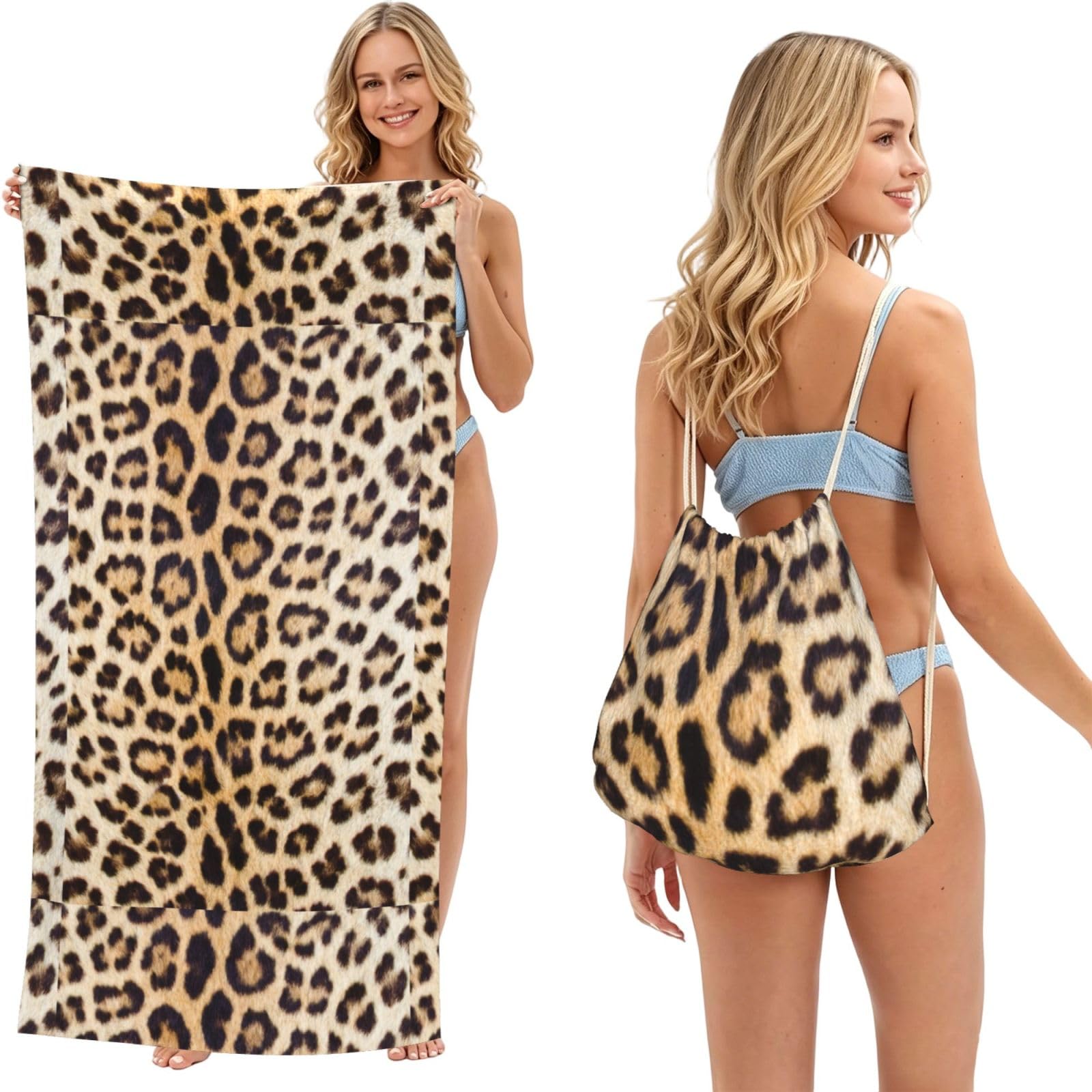 Poadnly As Picture Leopard Print, 2 In 1 Packable Towel Bag, Beach Towels With Drawstring Backpack For Travel Holiday Camping