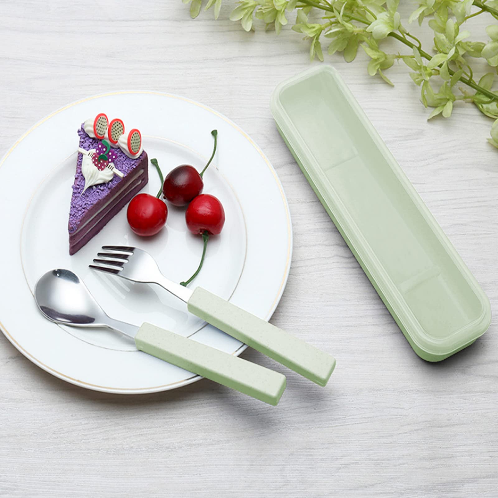 VANRA Set di 3 posate per bambini in acciaio inox 18/10, posate da campeggio, coltello argentato, forchetta, con valigetta da viaggio per bambini (verde)