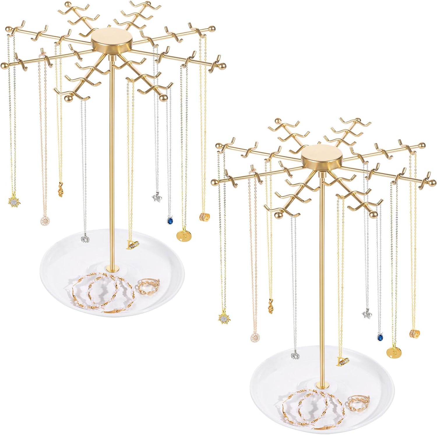 2PCS Rotating Necklace Holder Jewelry Stand, Gold Necklace Organizer Display with 48 W-shaped Hooks,Jewelry Organizer for Necklaces Earrings Rings Storage Tree, Presents for Women