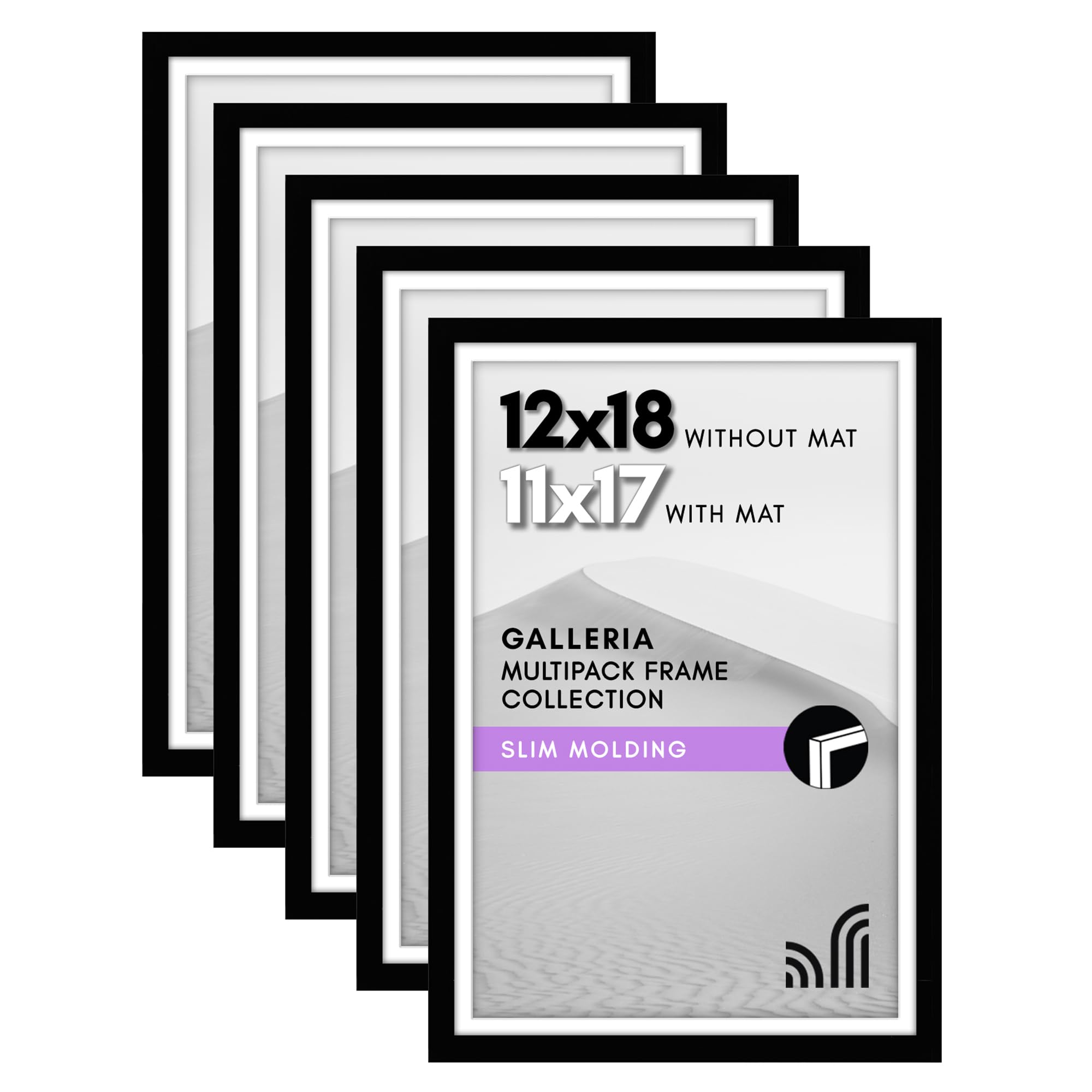 Americanflat 12x18 Poster Frame with Polished Plexiglass - Set of 5 - Use as 11x17 Frame with or without Mat or Display Photo - Galleria Collection - Picture Frames for Wall - Black