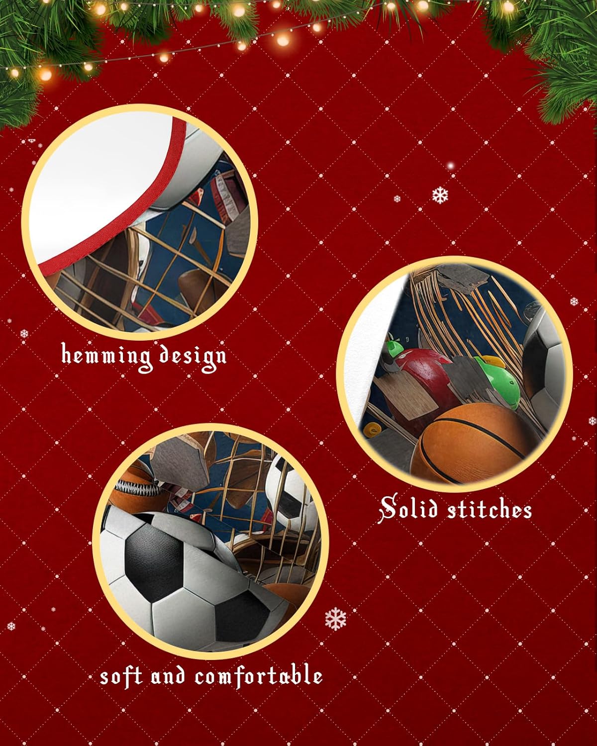 DecorLovee Christmas Tree Skirt, Sports Christmas Tree Skirts Ornaments Décor, Football Basketball Baseball Ball Games Xmas Tree Skirt Mat Decorations for Holiday Party Indoor Outdoor 48 Inch