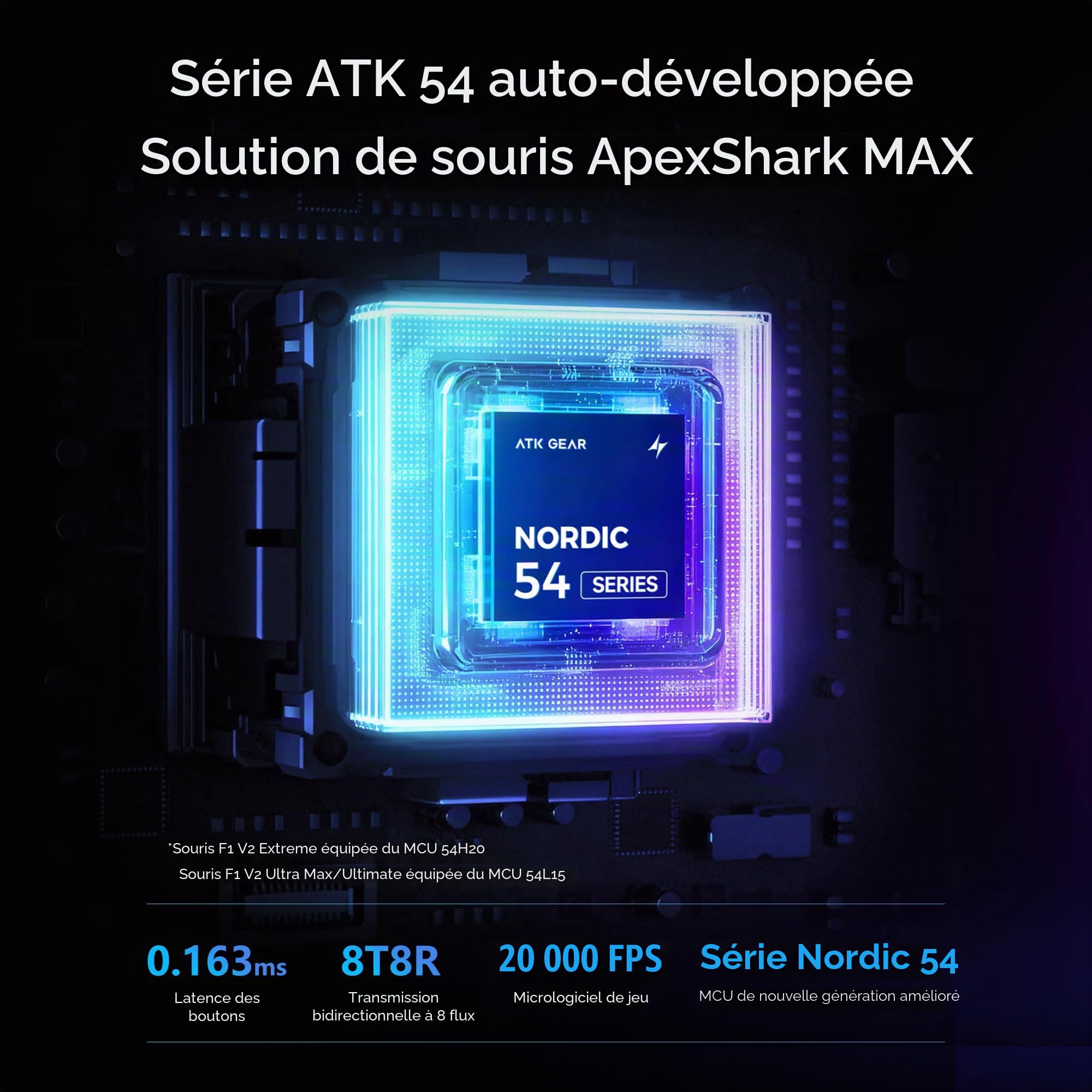 ATK Blazing Sky - Souris sans fil pour jeux F1 V2, 54 g, capteur ultra PAW3395, Nordic 54L15 MCU, interrupteurs mécaniques, 8K dual, mode triple, 2.4G/Bluetooth/câble, batterie de 600H (Ultra Max)