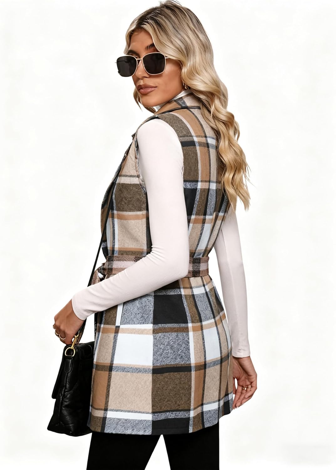 UANEO Plaid Vest for Women Fall Winter Sleeveless Belted Blazer Jackets Button Down Vests with Pockets
