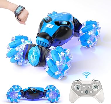 RC Stunt Car Toys for 6-12 Year Old Kids - 4WD Remote Control Watch - Gesture Sensor - Double Sided Rotating RC Car - Lights, Music - Perfect for Boys & Girls Birthday-Blue