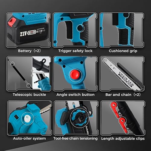 Miniatura 7 de Sierra de poste inalámbrica 2 en 1 y mini motosierra de 8 pulgadas, motosierra eléctrica de mano aprobada por Forest Ranger con 2 baterías