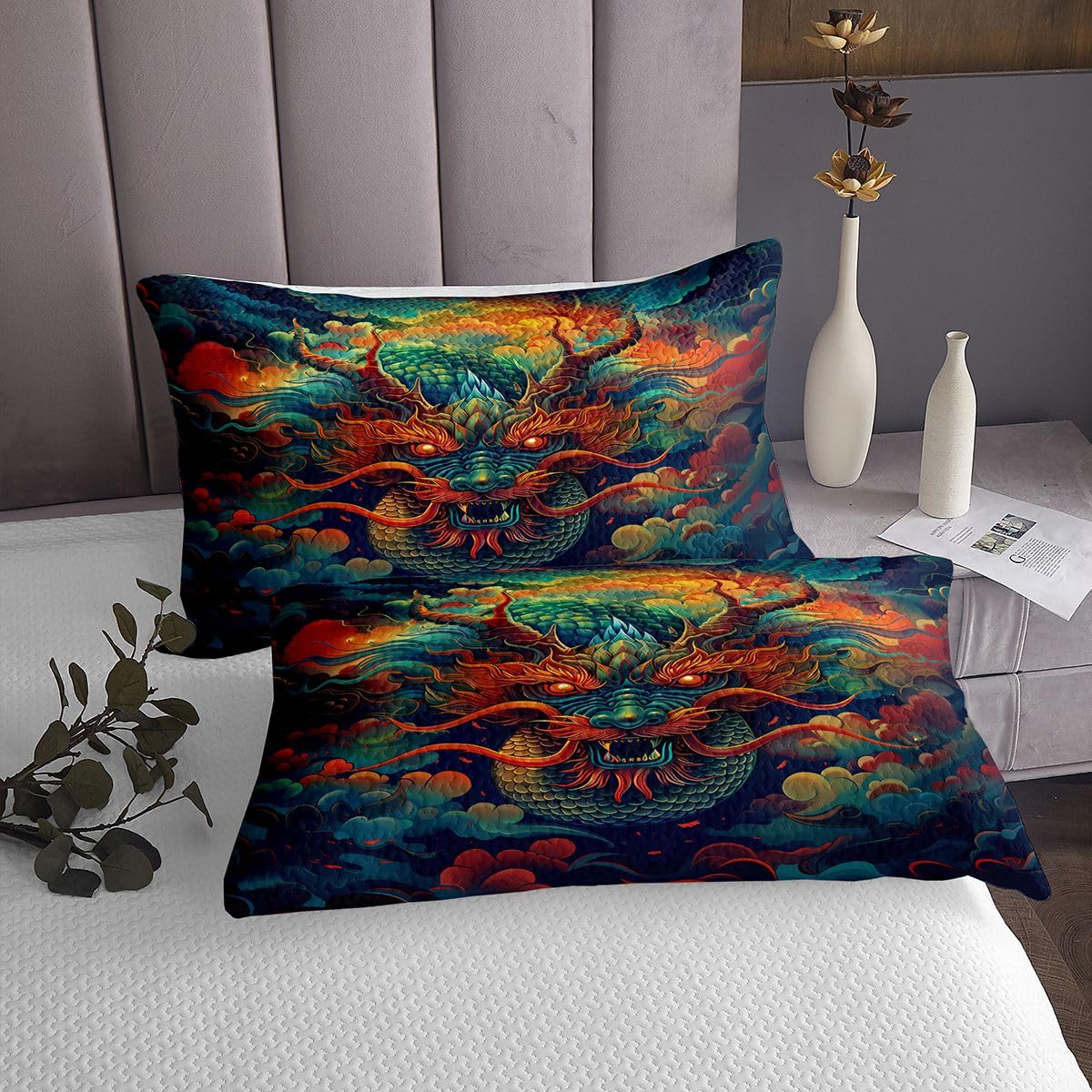Chiński smok, narzuta 1 poszewka na poduszkę 80 x 80 cm, tajemnicza kołdra z motywem zwierzęcym, dla dzieci, nastolatków, orientalny smok, zestaw pościeli, rozmiar S