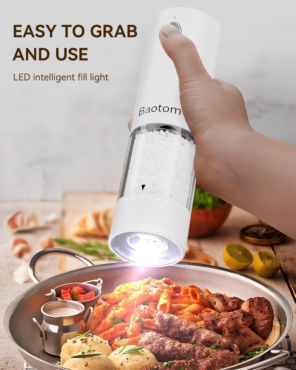 Electric Salt and Pepper Grinder Set with Dual Charging Base, 6 Adjustable Coarseness Levels & External Grind Settings, One-handed Operation Salt and Pepper Mills with LED Light,Black & White