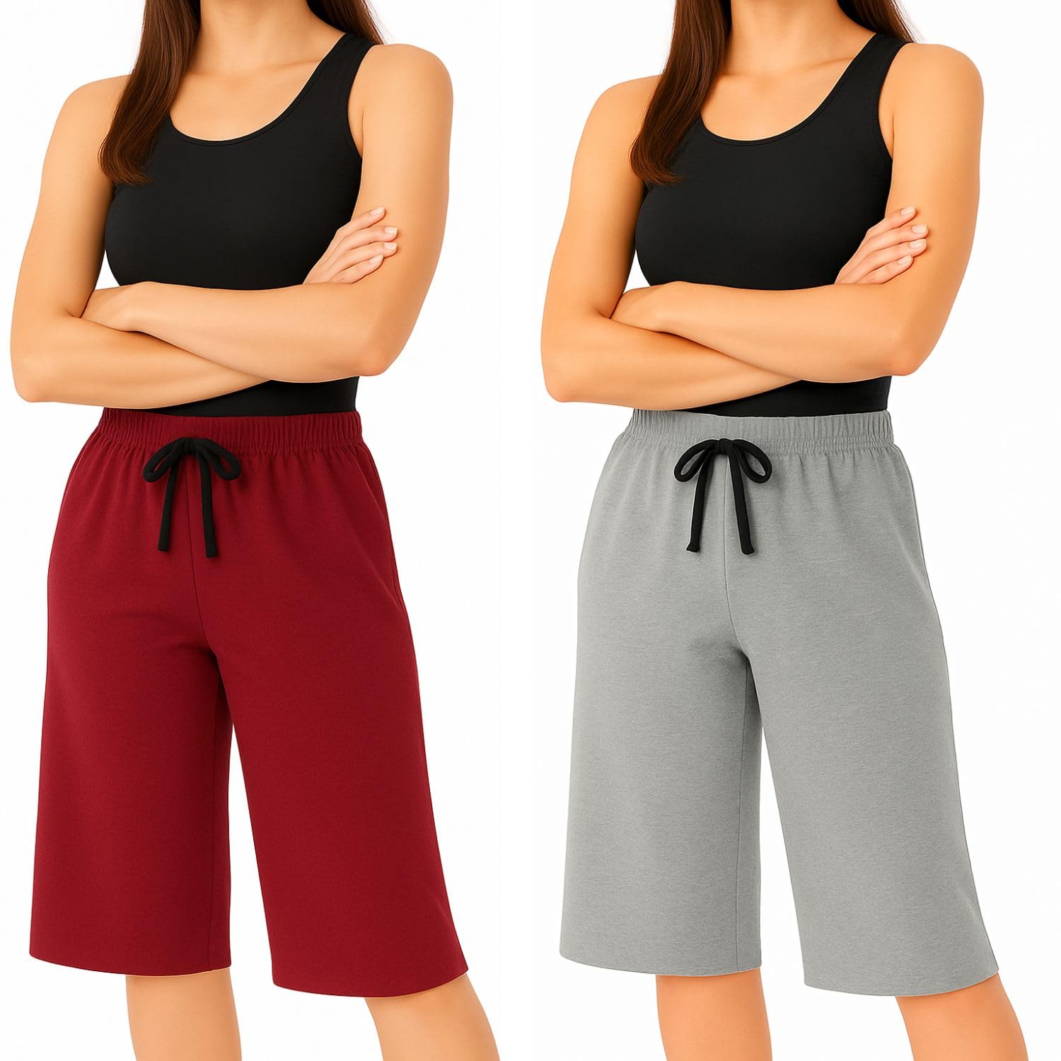 Women's Mid Waised Capri Pants Casual Wide Leg Yoga Pants for Womens Grey, Marrone (Pack of 2)-image-5