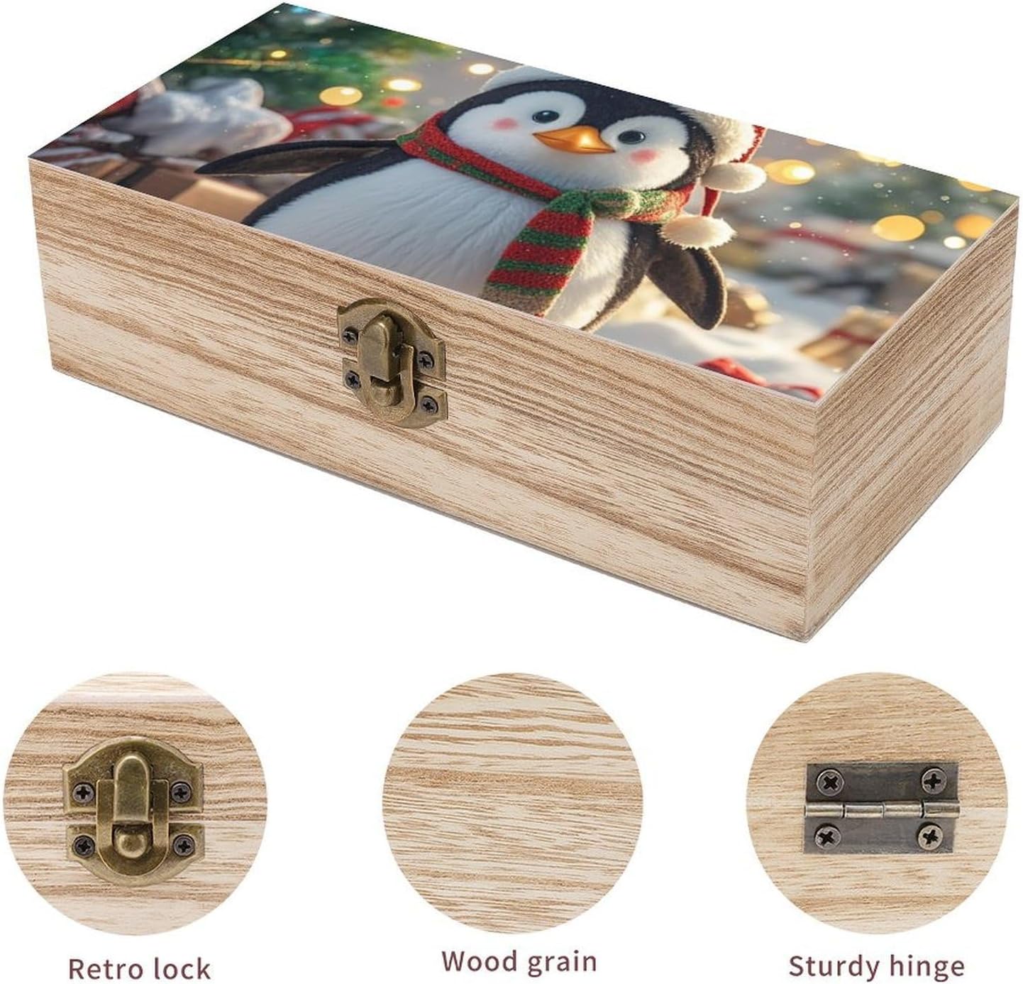 Christmas Funny Penguin Wooden Storage Box Keepsake Box with Hinged Lid Dust-Proof Jewelry Container Boxes Photos Organizer Chest Decorative Boxes Gifts for Women Men Home Decor image 3