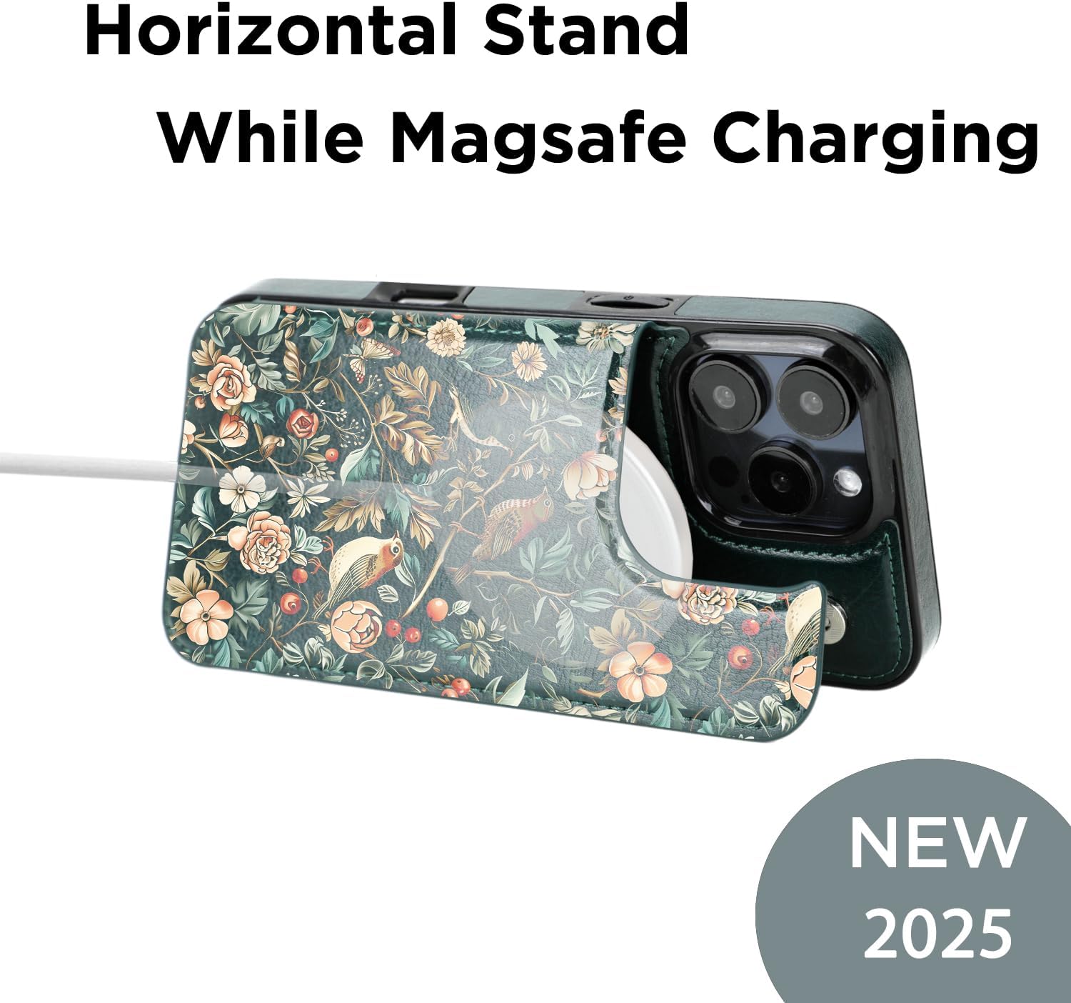 uCOLOR for iPhone 16 Pro 6.3" Wallet Case Magsafe with Card Holder Slot【Compatible with MagSafe】 Folio Flip PU Leather Double Magnetic RFID Design with Camera Lens Protector (Blue Tree Birds) - Image 5