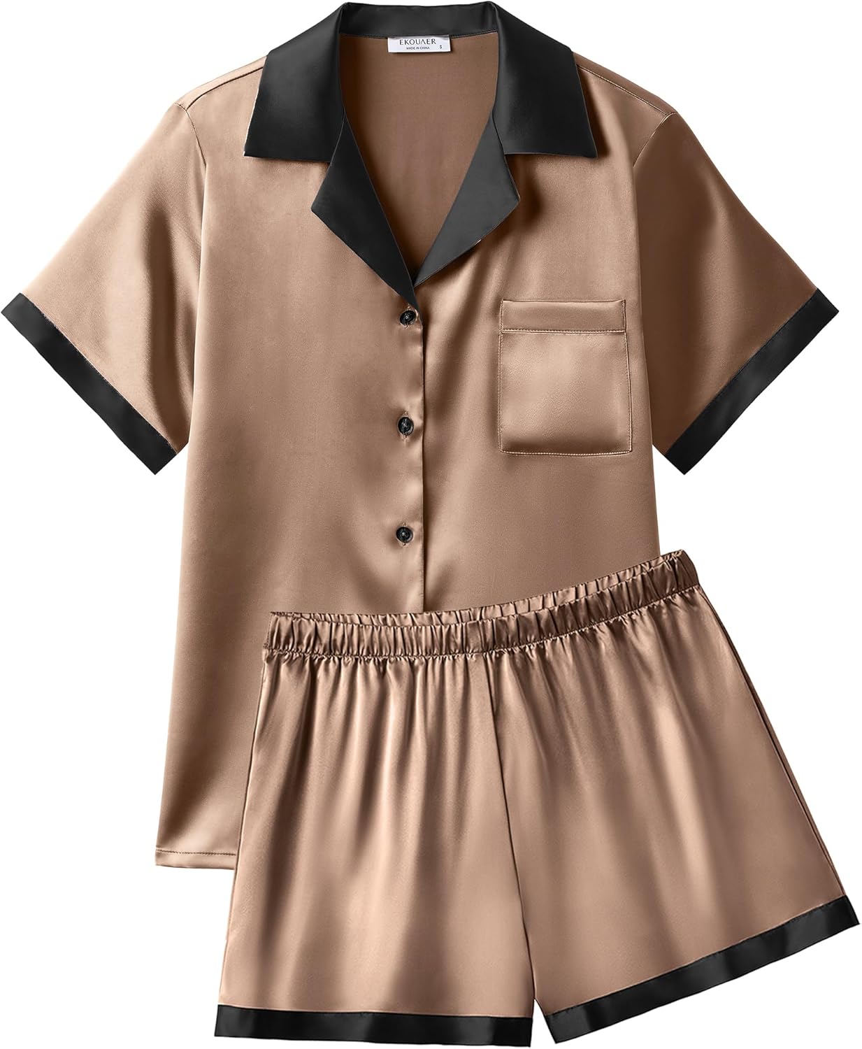 Ekouaer Womens Silk Satin Pajamas Set Short Sleeve Sleepwear Button Down Loungewear 2 Piece Pjs Shorts Set