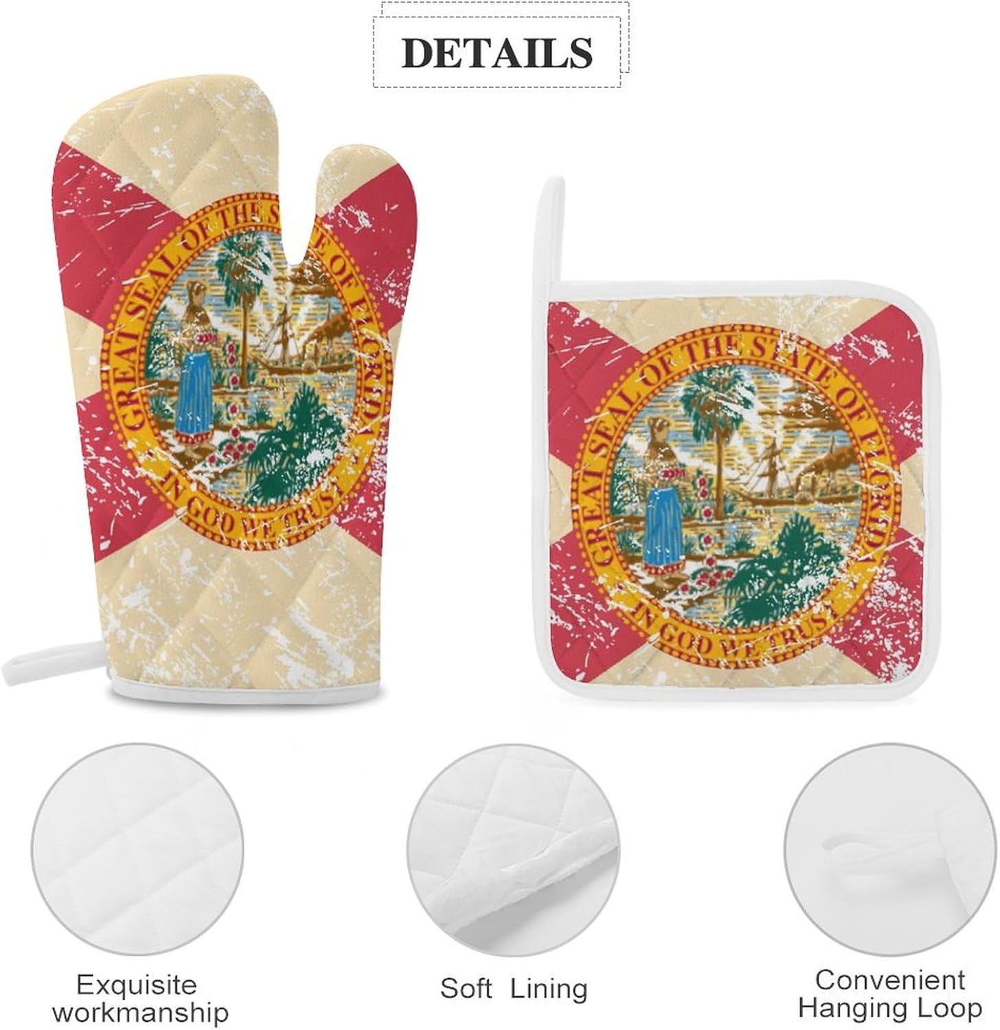 Florida State Flag Print Oven Mitts and Pot Holders 3 Piece Sets Heat Resistant Gloves Hot Pads Potholders for Kitchen Baking Cooking