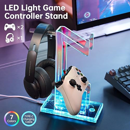 Miniatura 2 de NiHome Iluminación LED iridiscente, soporte de controlador de juegos de acrílico de varios niveles y soporte para auriculares, alimentado por USB, 7