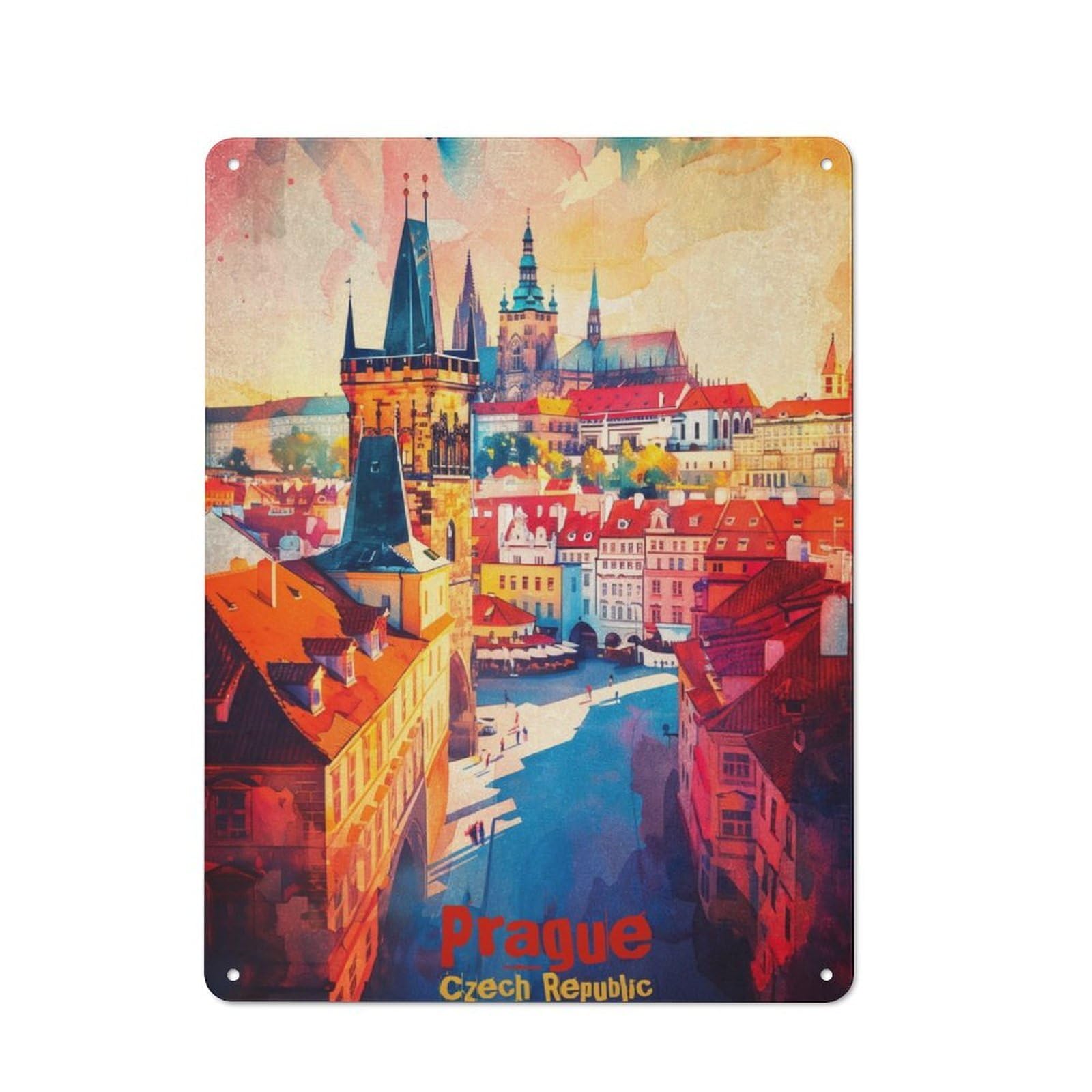 Junmoney Prague Art For Café Or Restaurant, Vintage Tin Wall Plaque 40X30cm, New Home Wall Decor For Café Owners And Decorators