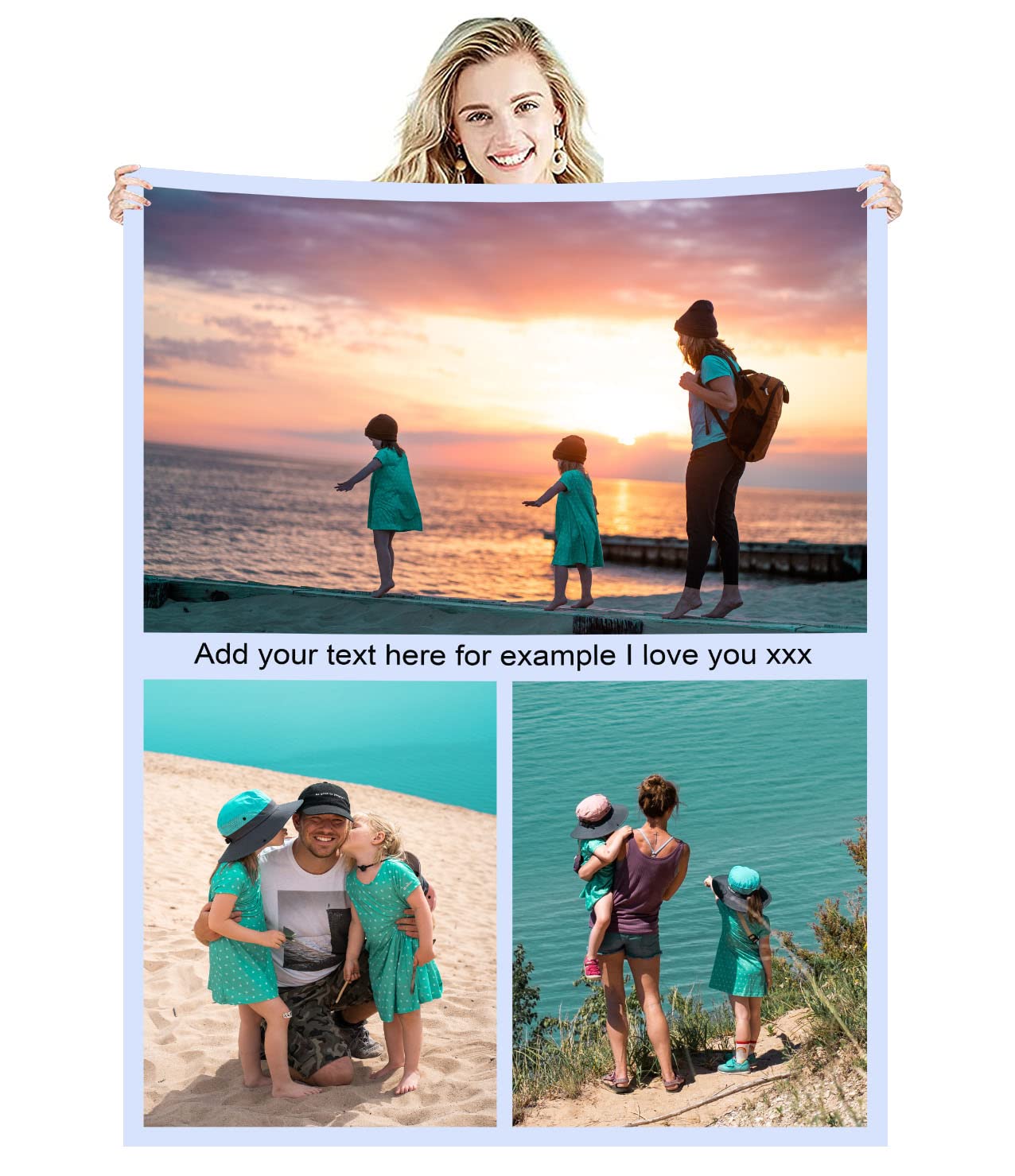Zmkar Personalised Photo Blanket Throw Customized with Picture Text Birthday Wedding Gift for Adult Baby Kid Mom Dad Family Friend Dog Cat (3 Photos, Throw 47''×63''(120x160cm))