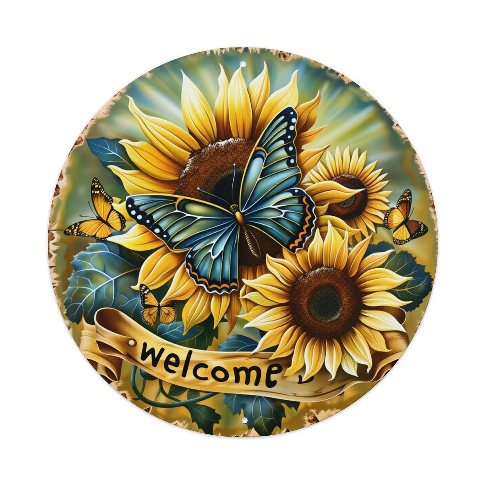 Sunflower Butterfly Welcome Art Design_1 Round Tin Sign Retro Metal Sign for Cafe Bar Pub Home Game Room Gym Club Wall Decoration Vintage Metal Poster 8x8 Inch
