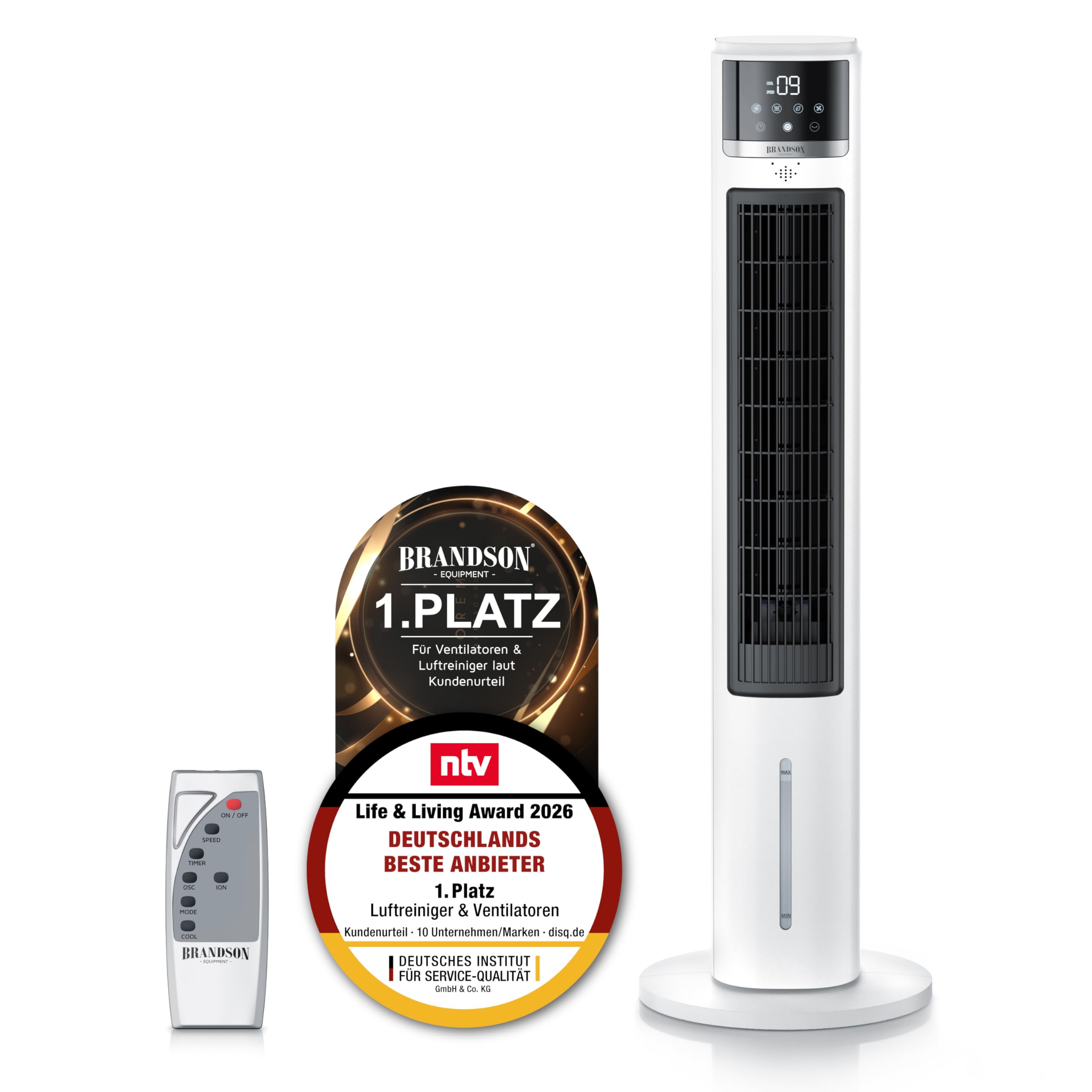 Brandson – Turmventilator mit Wasserkühlung im ECO Design - sehr leise - Ventilator mit Luftkühler – Timer – Oszillation – Ion Funktion – mit Fernbedienung