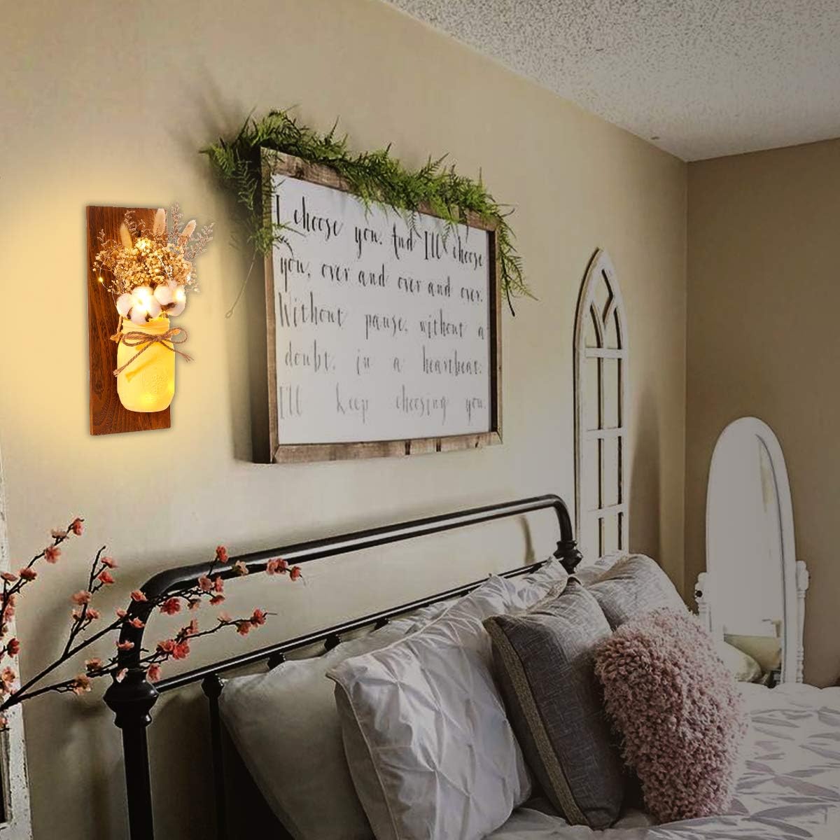 Mason Jar Sconces Wall Decor - Rustic Home Décor - Decorative Jars with Cotton Stems & Baby Breath Flower with Remote Timer LED Fairy Lights for Kitchen Wall Decor Living Room Wall Sconces Set of 2