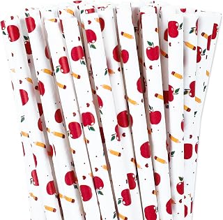Whaline 200Pcs Back to School Paper Straws Pencil Apples Disposable Straws First Day of School Party Decorative Straw for Welcome Back Party Supplies Juices Shakes Cocktail Decoration