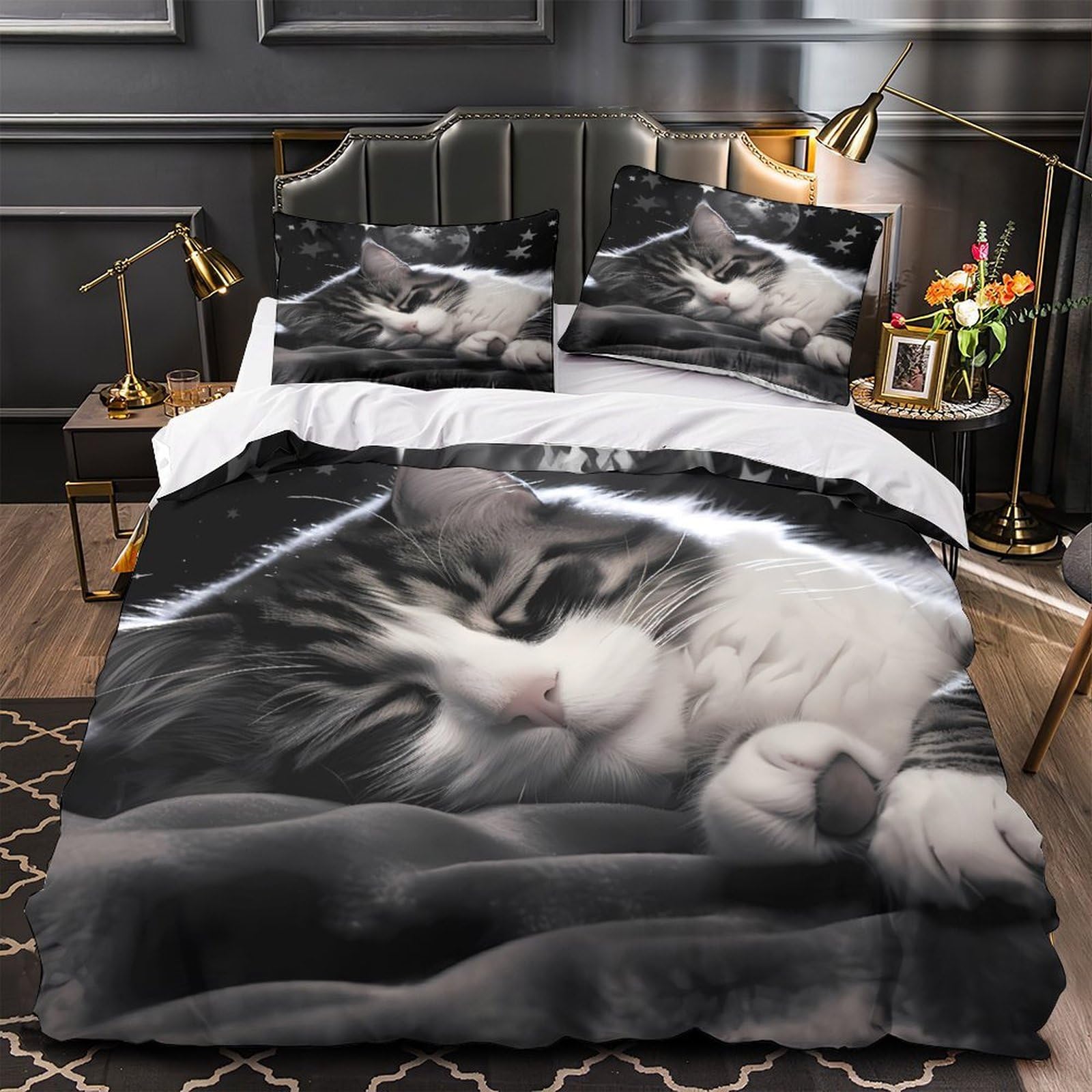 Housse de couette 220x240 anti-tache chat 3D pour un lit propre sans repassage