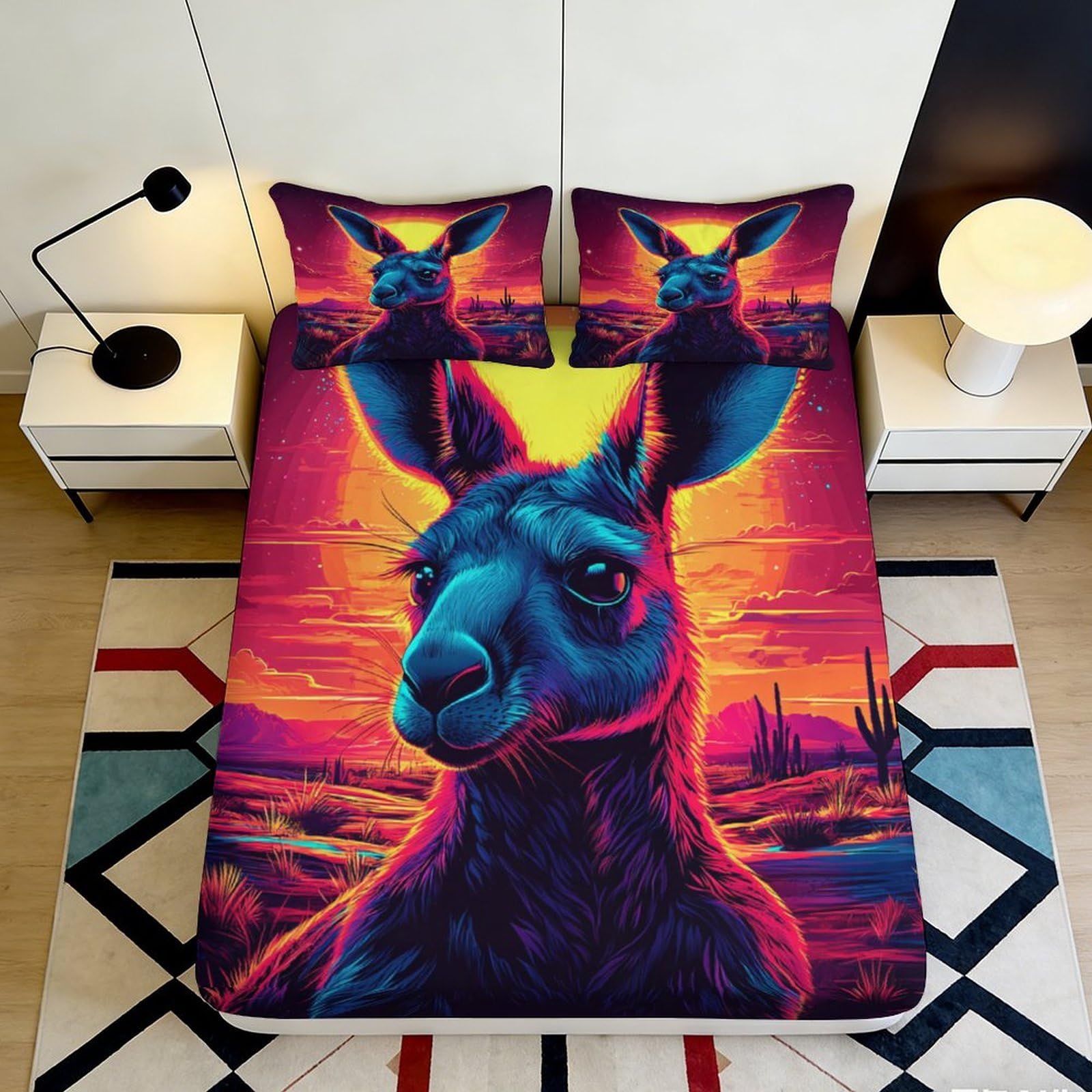3D Printed Neon Kangaroo Fitted Sheet Microfiber Soft Vibrant Sunset Mattress Cover for Bedroom Dorm Decor 90x200x25cm