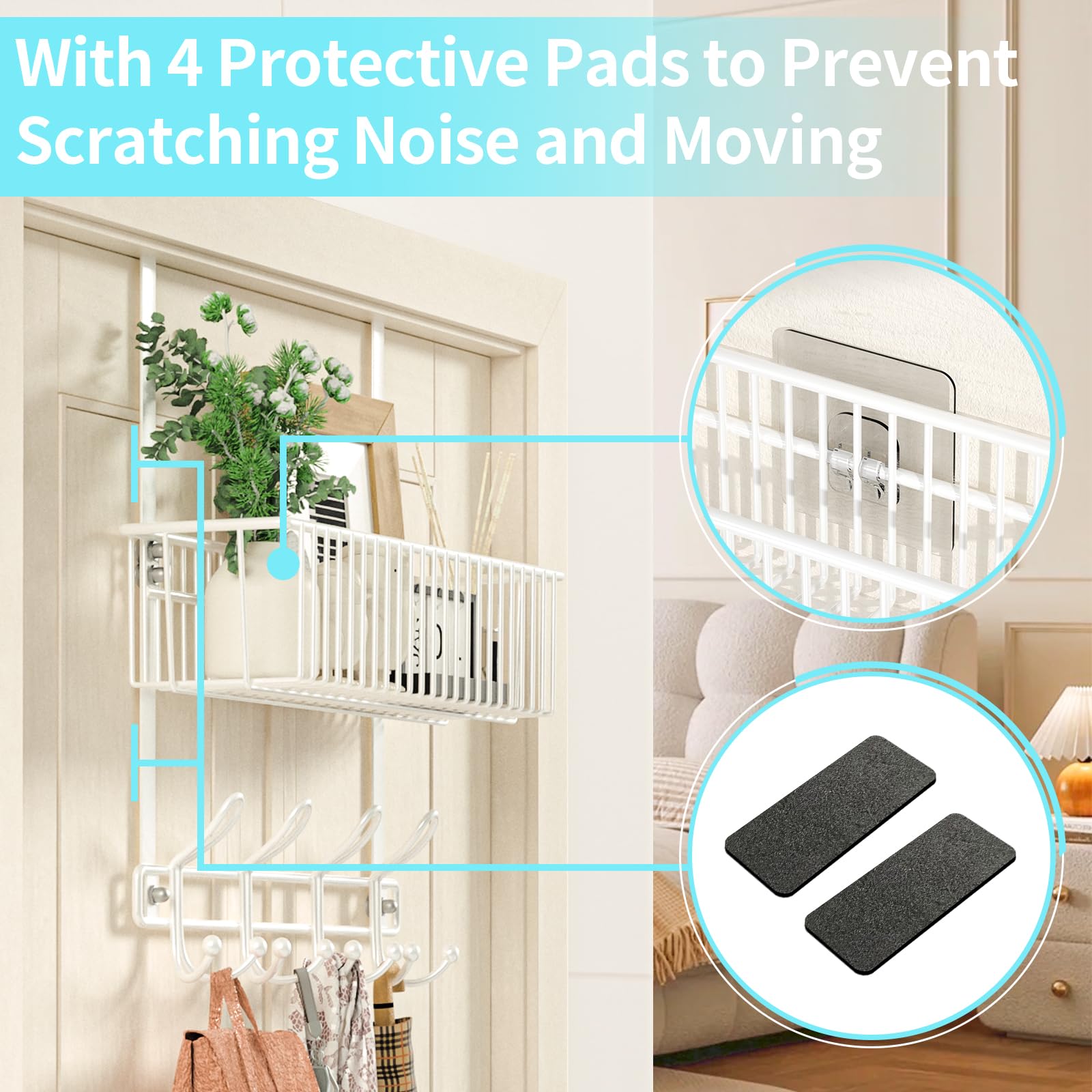 Kaiferty Over The Door Hooks Organizer With Basket - 12 Hooks & Storage Bin For Bathroom, Bedroom, Kitchen (White)