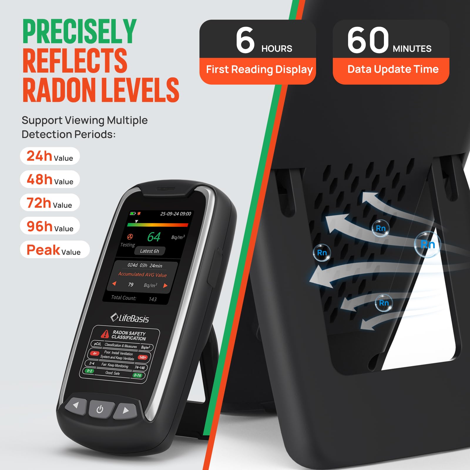 LifeBasis Radon Messgerät tragbar wiederaufladbarer Radonmonitor für Zuhause hochpräziser Sensor lange Datenspeicherung mit optischem und akustischem Alarm erste Datenanzeige in 6 St. Bq/m³ oder pCi/L