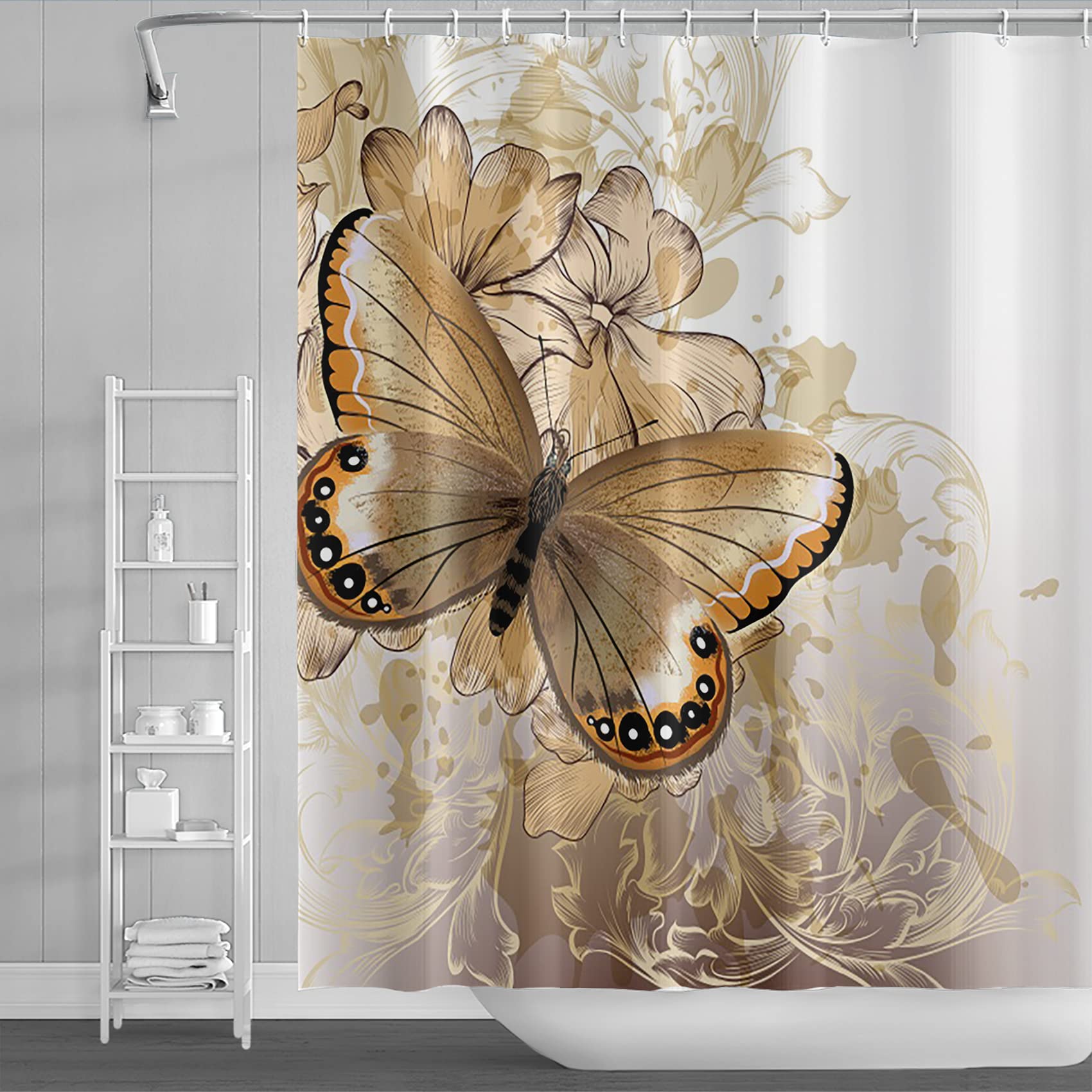 DORCEV 72x78inch Vintage Golden Flower Butterfly Shower Curtain Monarch Butterflies Vintage Damask Inspired Design Abstract Bath Curtain for Woman