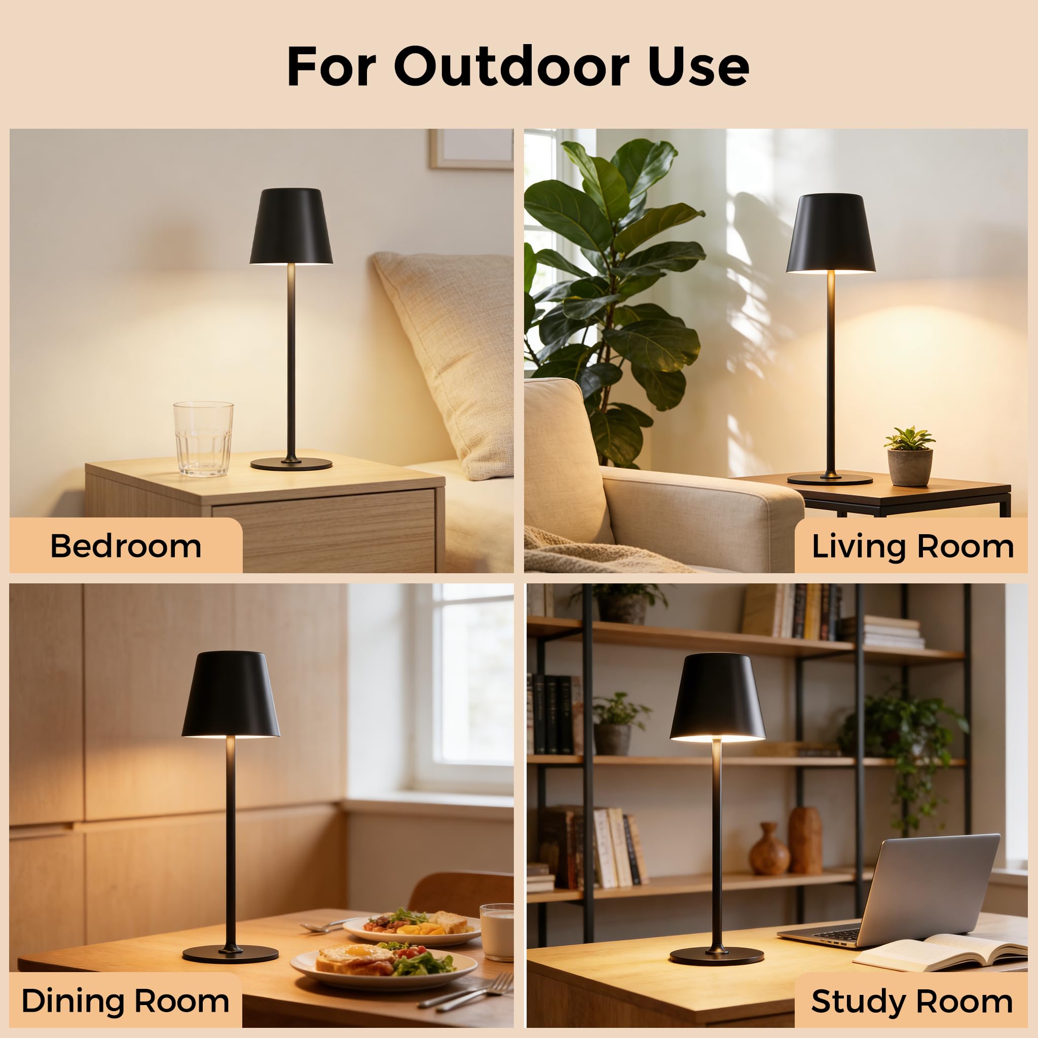 LED Tischlampe Kabellos 2 Stück, Dimmbare Nachttischlampe Touch, Akku Tischleuchte Kabellos, Indoor Outdoor Tischlampe Akku, 3-stufig Warmlicht, IP54 Wasserdicht, Vollmetallgehäuse, Schwarz