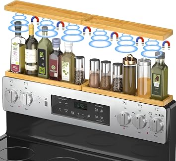 PEKER Magnetic Stove Top Shelf for 30" Stoves, Over Oven Shelf Above with Bamboo Spice Rack Organizer, Heat-Resistant, Space-