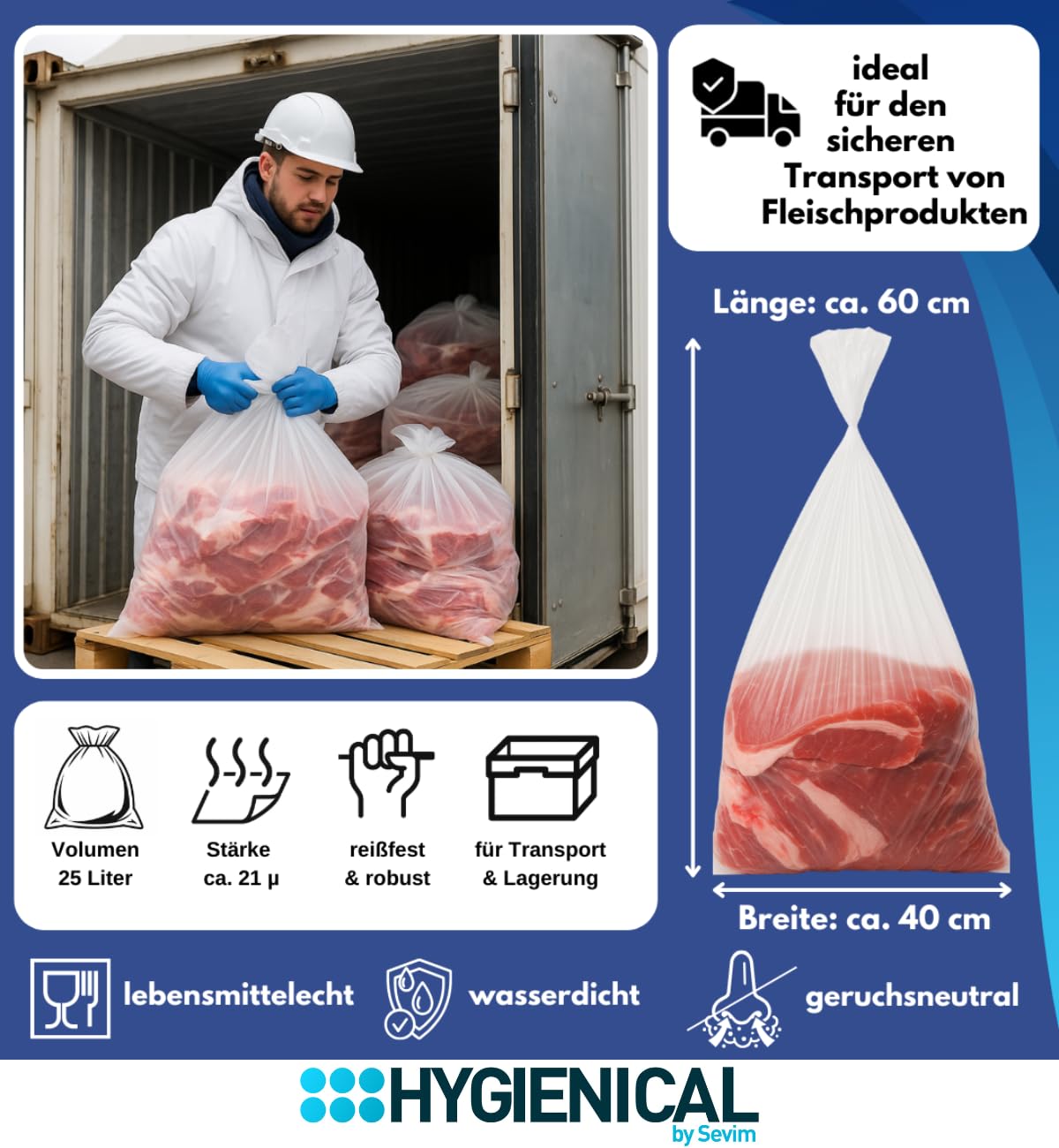 Fleischbeutel HDPE 60x40 cm – 500 Stück, Fleischsäcke/Fleischsack, Flachbeutel & Metzgersack, transparent, lebensmittelecht nach EU 10/2011 (21my - 25L)