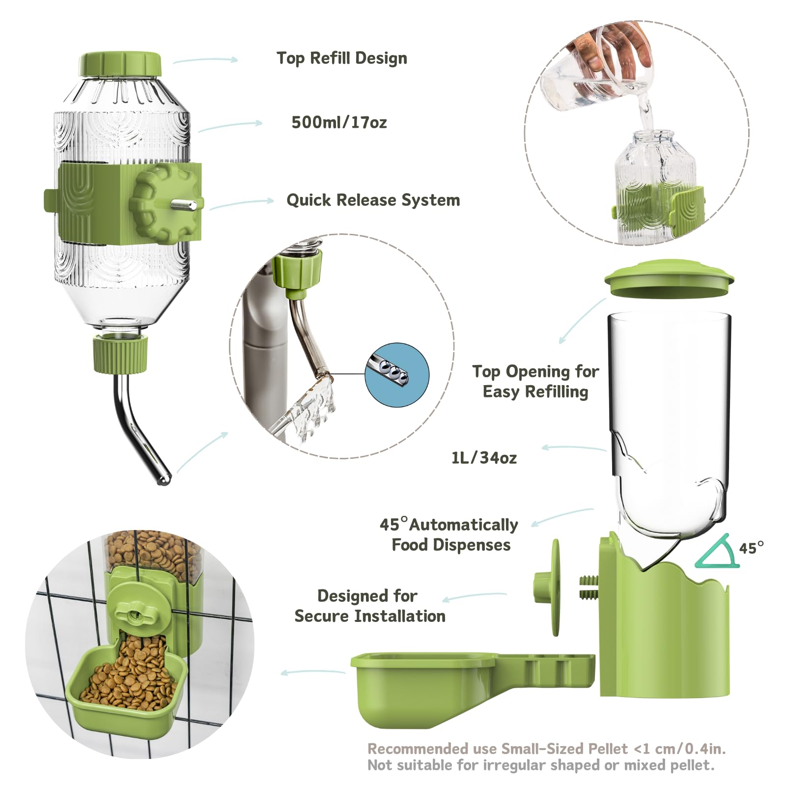 Automatic Pet Food Water Dispenser, Auto Gravity Pet Feeder Water Bottle Set for Cage, Feeding Station for Puppy Kitten Rabbit Guinea Pigs Chinchilla Ferret Hedgehog (Green)