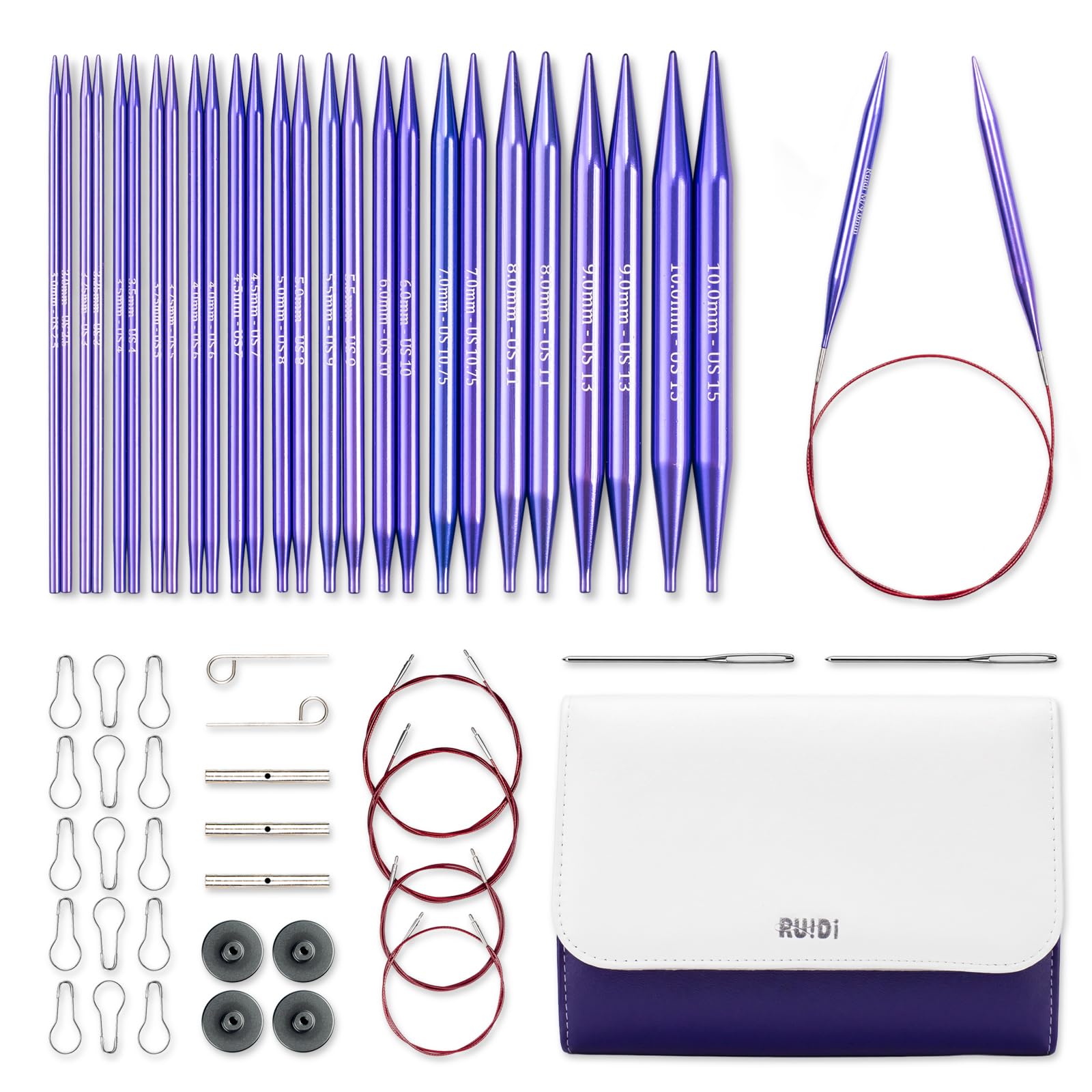 RUIDI Juego de Agujas de Tejer Circulares, Agujas de Tejer Circulares Intercambiables de Aluminio Ligero y Cálido Con Estuche y Accesorios, 13 Pares de Agujas Circulares de 2,75 mm a 10 mm (Violeta)