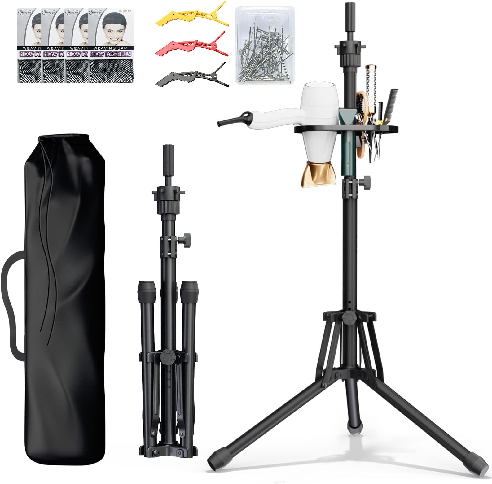 Wig Head Stand Adjustable Height - Upgrade Wig Tripod Stand with Reinforced Tool Tray , Foldable Mannequin Head Stand for Beauty and Hairdressing Styling Training (Additional 1 Free Accessory)