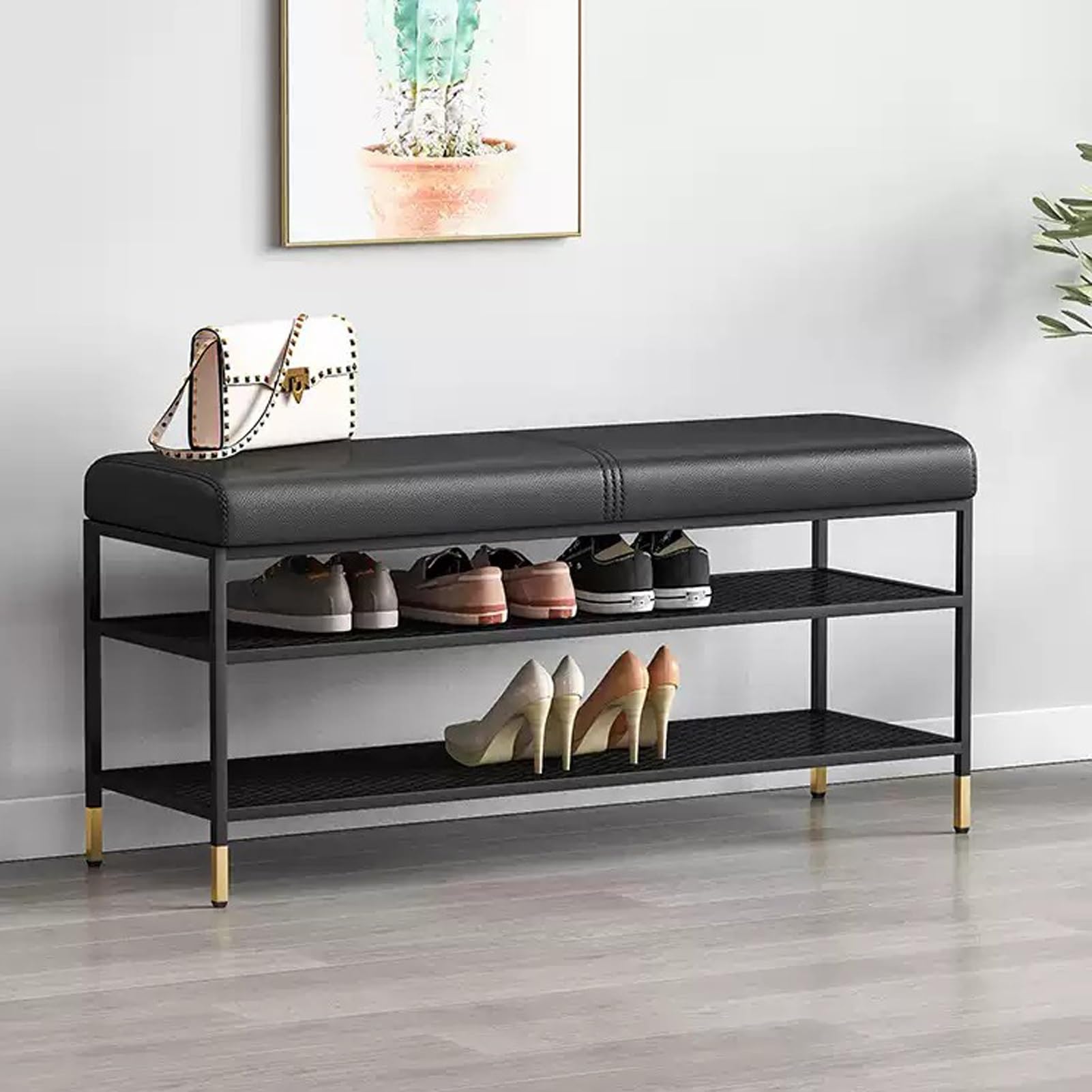 Banc de rangement à chaussures 3 niveaux pour entrée avec assise en cuir PU