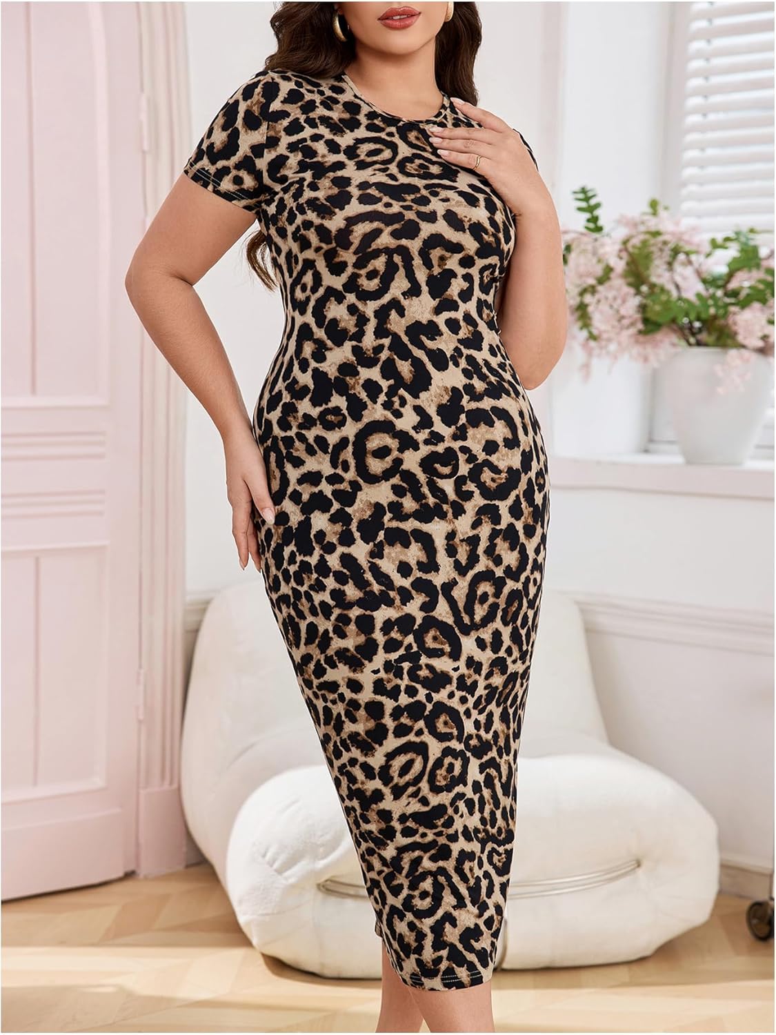 Floerns Women's Plus Size Leopard Print Short Sleeve Split Bodycon Long Dress - Image 4