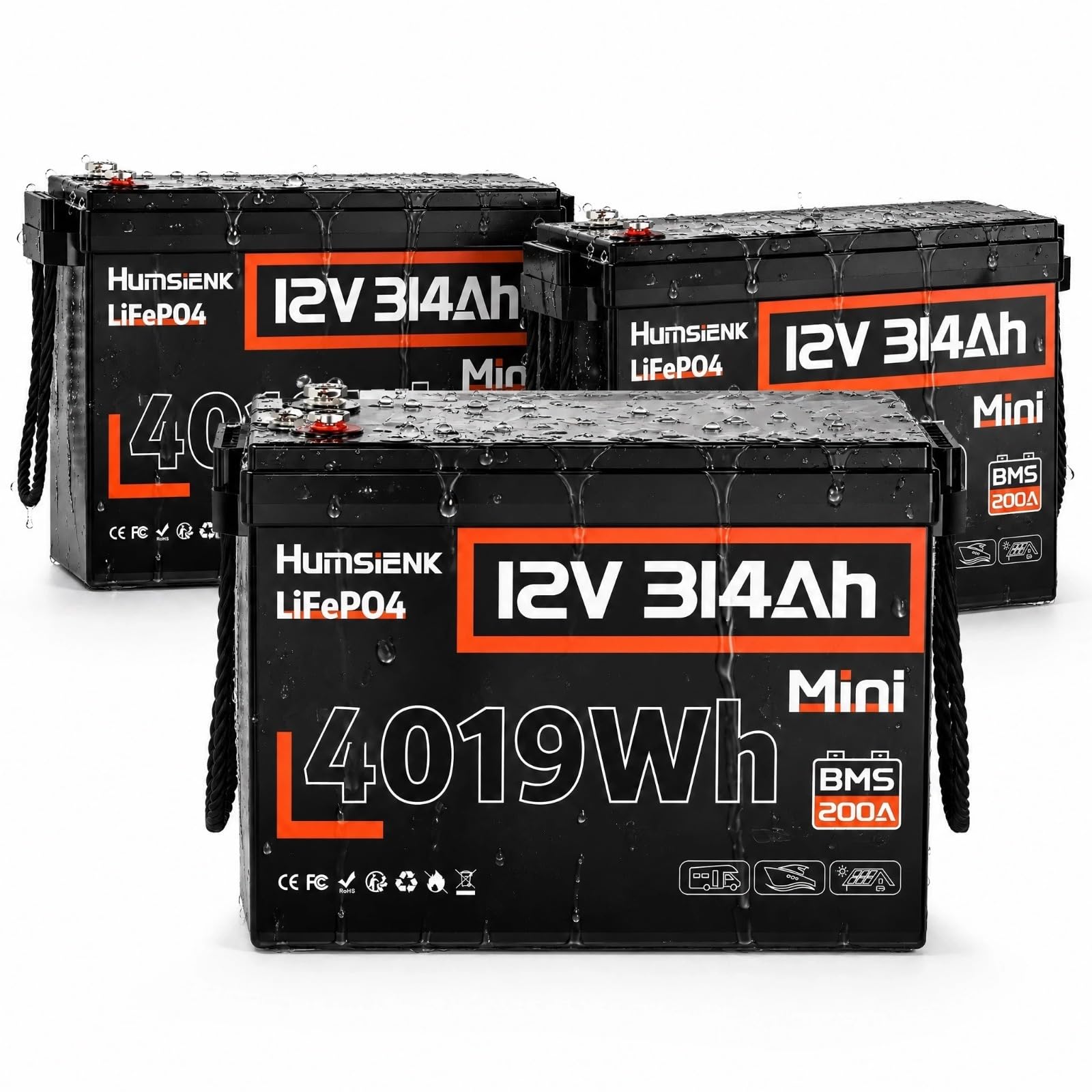 HumsiENK 3 Pack 12V 314Ah (300Ah) LiFePO4 Lithium Battery 4019Wh, 200A BMS