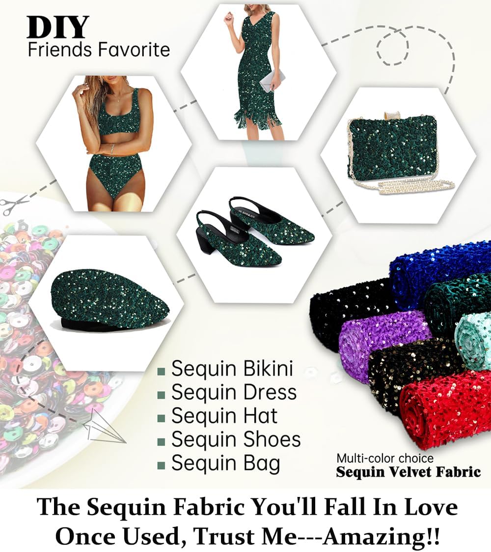 DUOBAO Emerald Green 4-Way Stretch Sequin Velvet Fabric by the Yard | 5mm Glitter Sequins for DIY Sewing, Christmas Costumes, Party Decor, Sparkly Apparel (15ft, 5 Yards)
