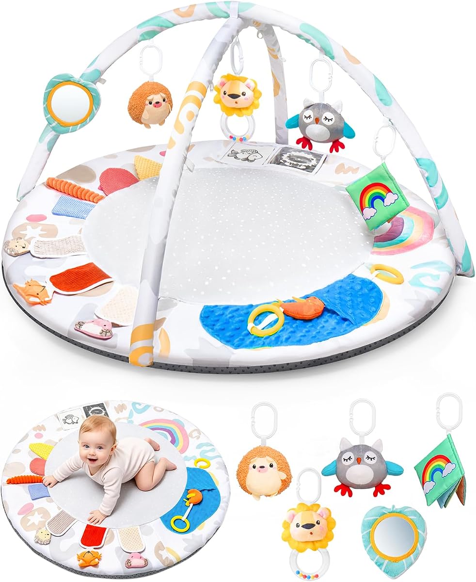 Baby Play Gym & Activity Mat with 5 Toys for 0-12 Months | Practicing Head Lifting, Montessori-Inspired 5 Sensory Zones, Detachable Toys, Machine Washable, Foldable, Non-Slip Base