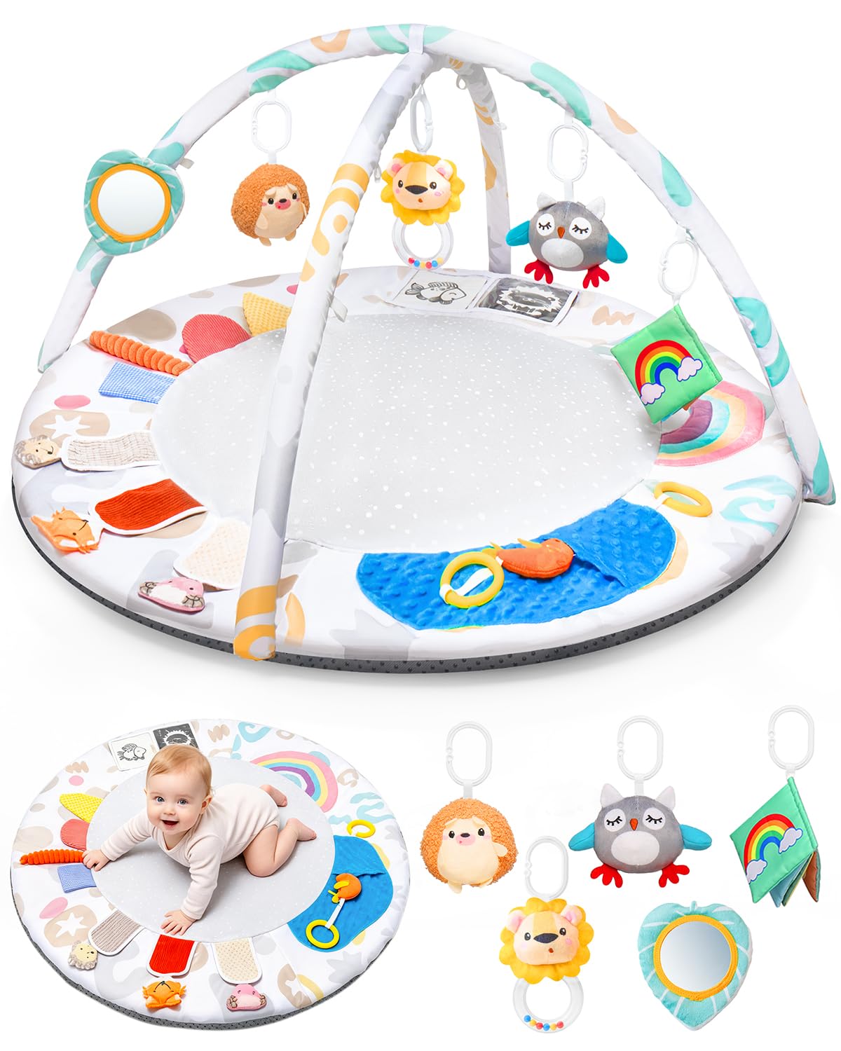 Montessori Baby Play Gym & Activity Mat for Brain Development (0-12Mo) | 5 Zonas Sensory + 5 Toys | Portability Tummy Time Activity Mat Stage-Based for Newborn Brain Development Essential & Gift-Ready