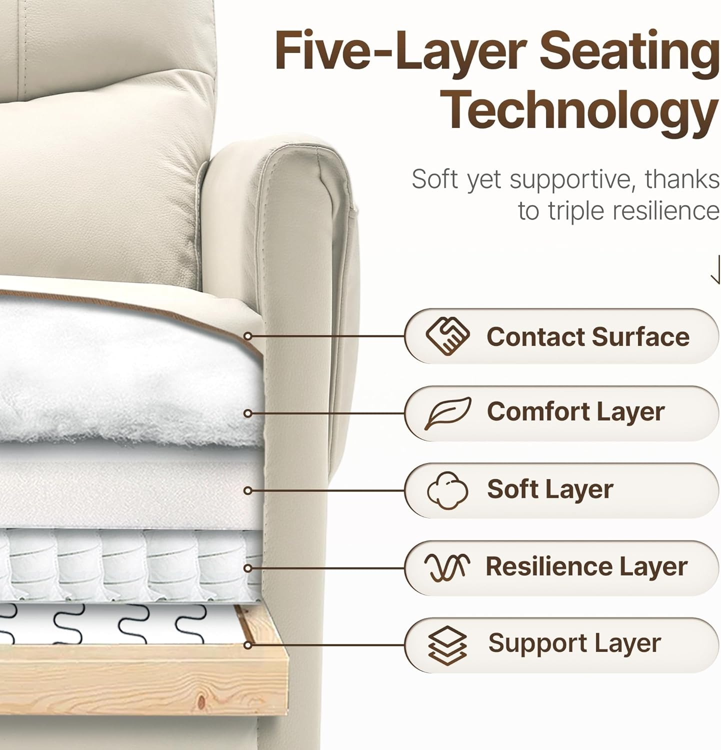 Living Room Single Sofa Beige Swivel Rocker Recliner, Water-Washing Process, Reclining Armchair Ease Genuine Leather Recliner Chair