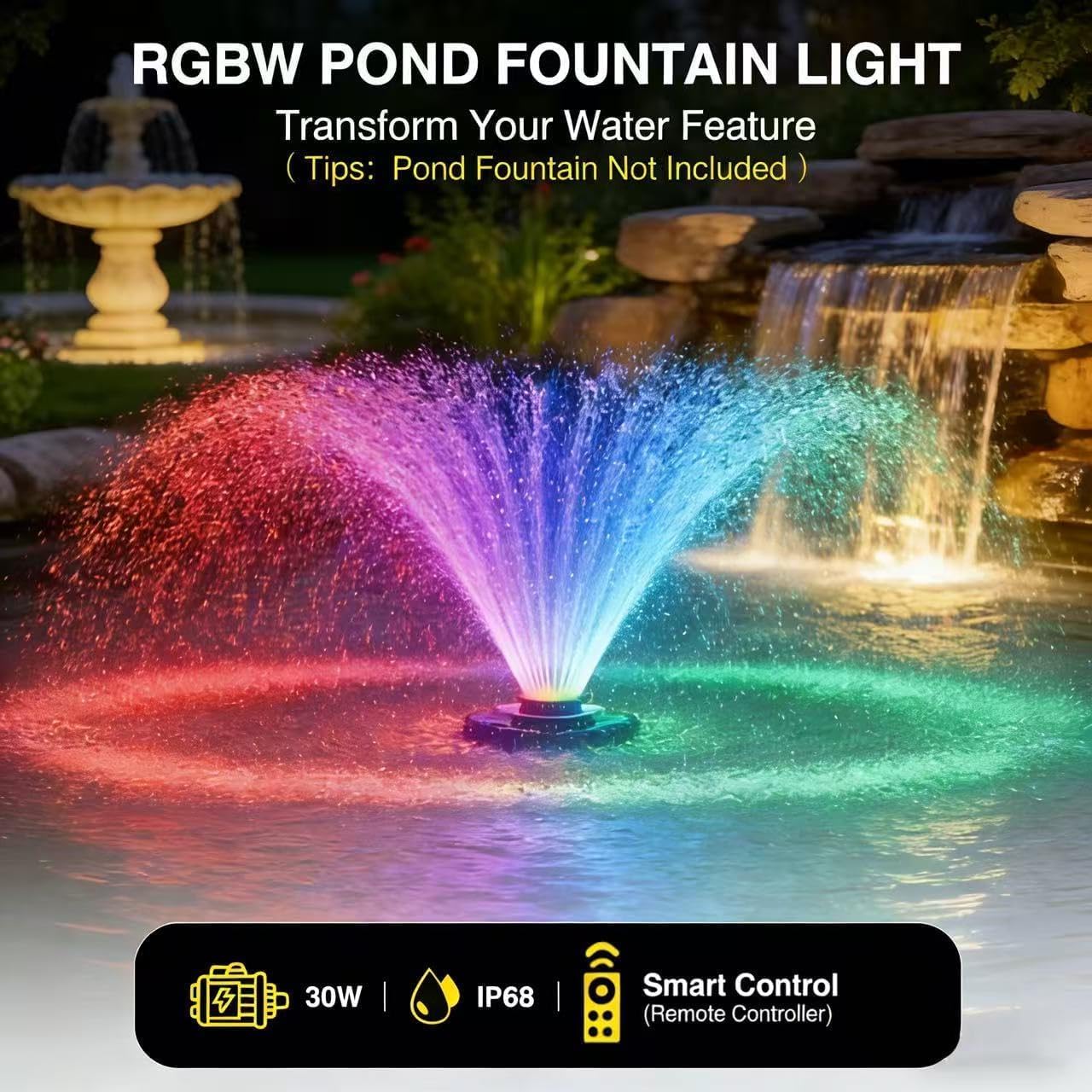 Pond Fountain Aerator Lights RGBW 20000LM LED Fountain Light with 100FT Power Cord AC 120V, 100ft Cable with Controller IP68 Waterproof,Wireless Sync Control with Most Pond Aerators