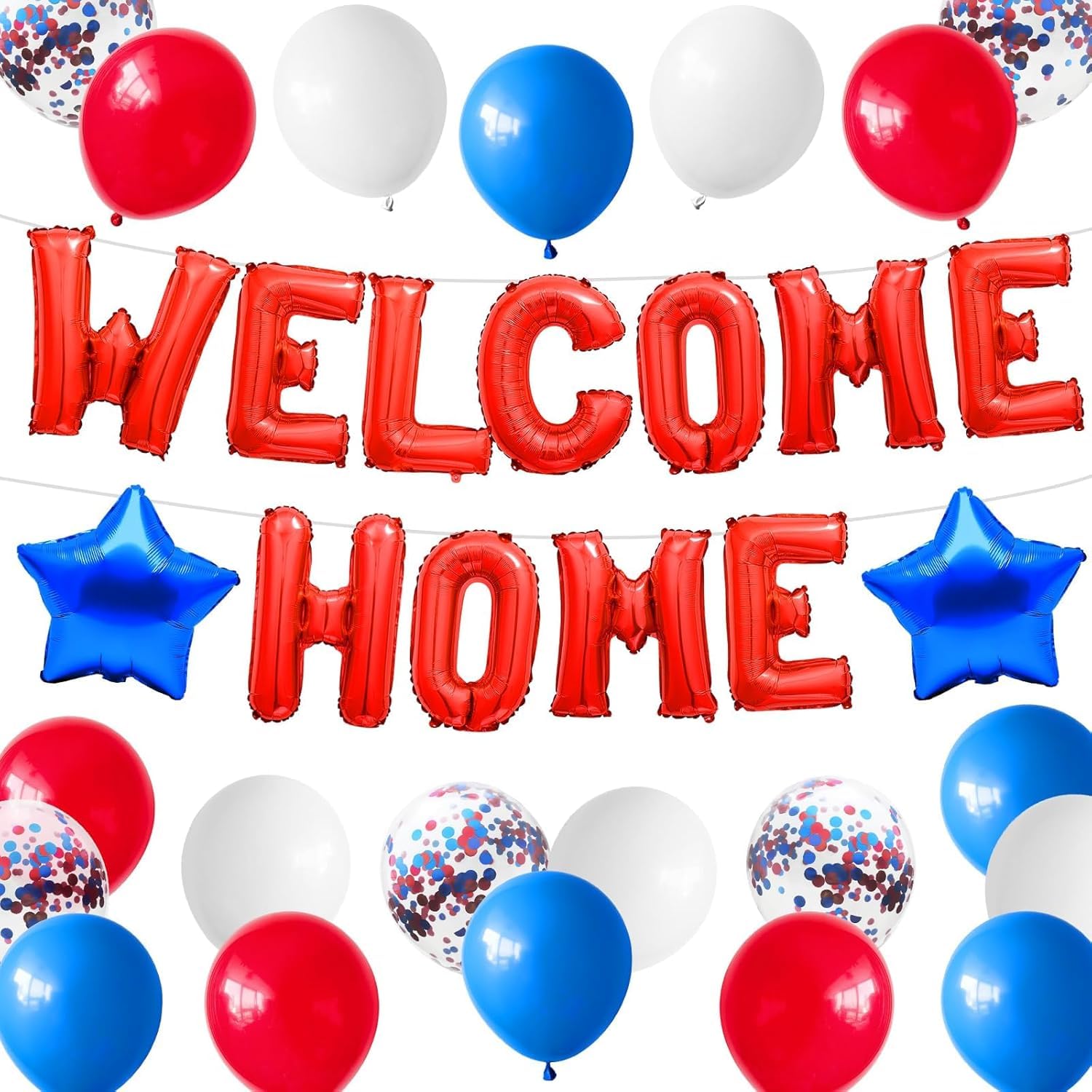 Red Blue Welcome Home Foil Balloon Banner with Confetti Balloons, Blue Star Balloons for Patriotic Welcome Home Army Returning Party Supplies (Red Blue Set)
