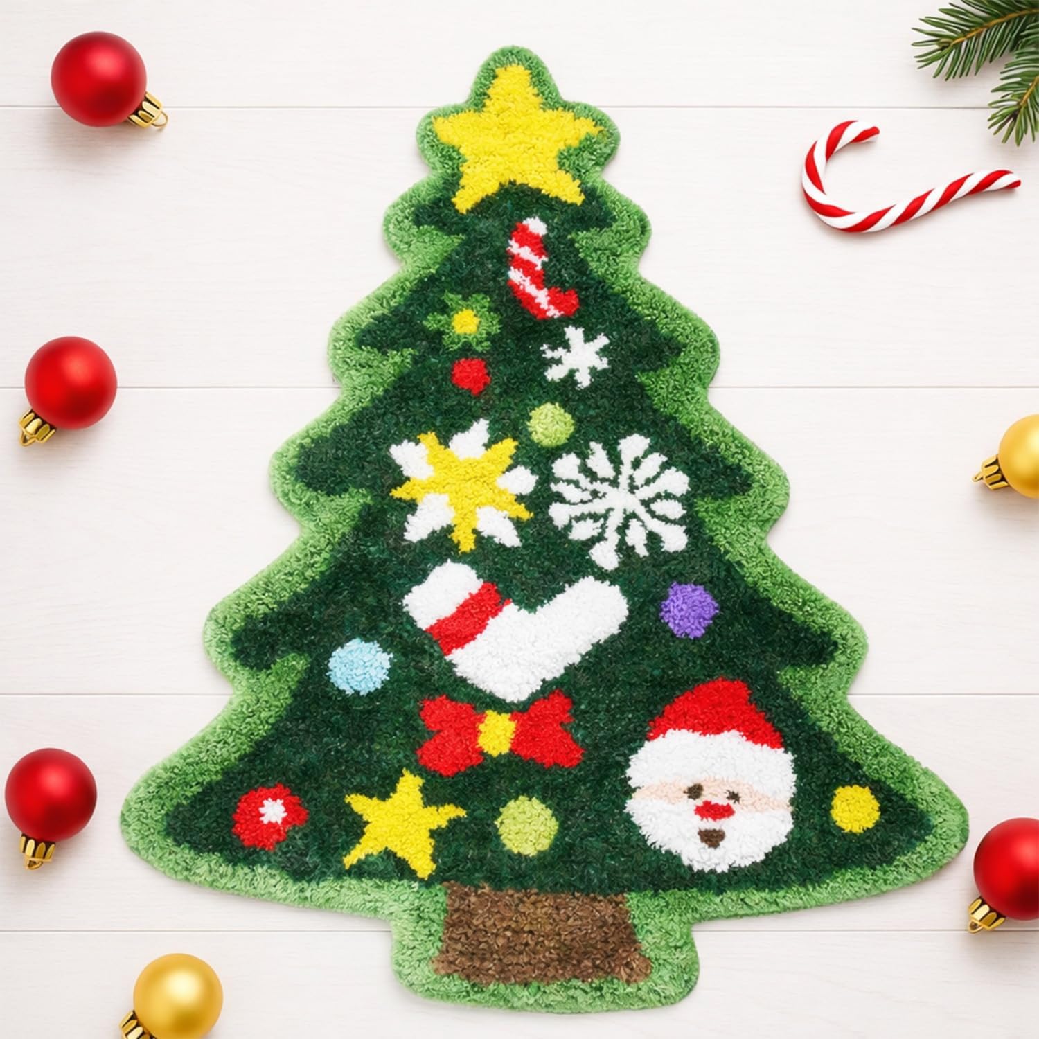 Green Bath Rug, Christmas Tree Bath Mat, Non-Slip Backing, Soft Absorbent Floor Mat for Holiday