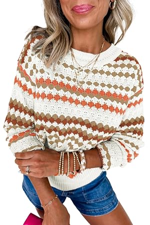 MARZXIN Womens Sweaters Colorblock Khaki Stripe Eyelet Patterned Drop Shoulder Sweater