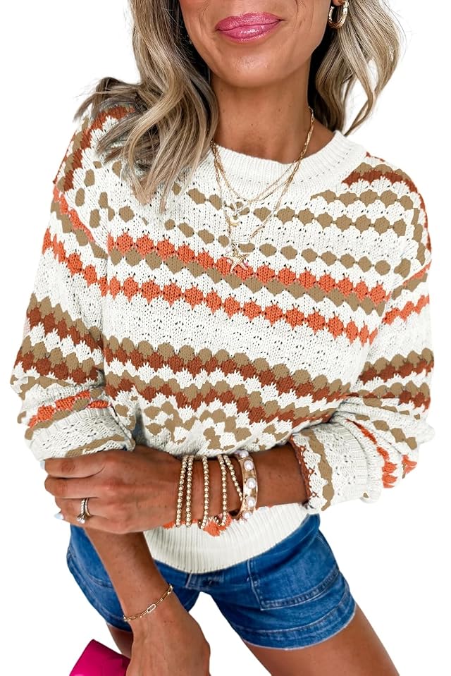 MARZXIN Womens Sweaters Colorblock Khaki Stripe Eyelet Patterned Drop Shoulder Sweater