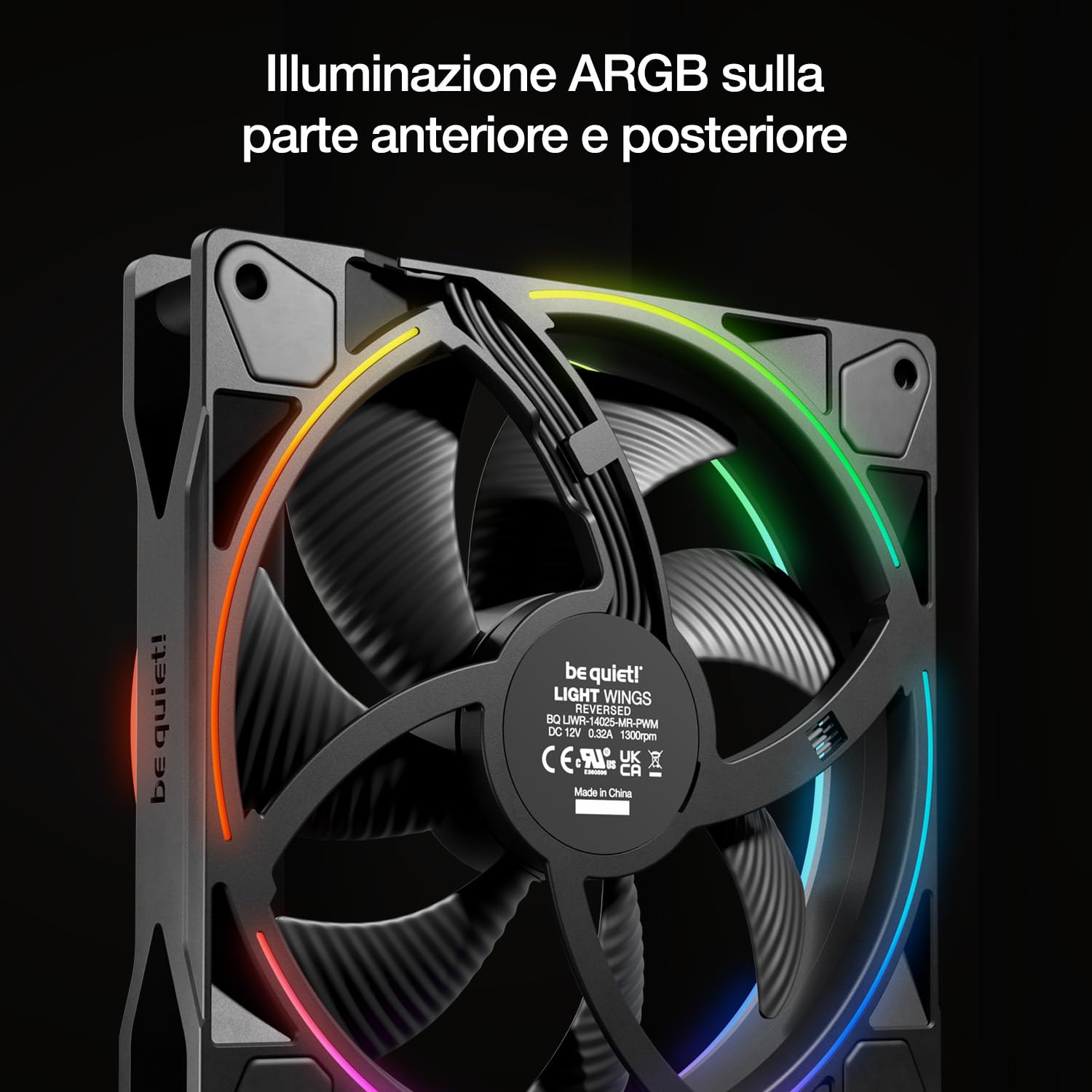 be quiet! Light Wings 140mm PWM Reverse Black ventola, pale invertite ottimizzate per il rumore, elevata portata d’aria, ideale come ventola laterale o inferiore, 20 LED ARGB, estremamente silenziosa
