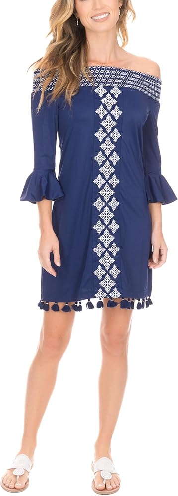 Embroidered Navy Off Shoulder Dress at Amazon Women's Clothing store Embroidered Navy Off Shoulder Dress at Amazon Women's Clothing store